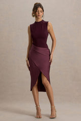 All Yours | Dark Cherry Satin High-Neck Wrap Midi Dress