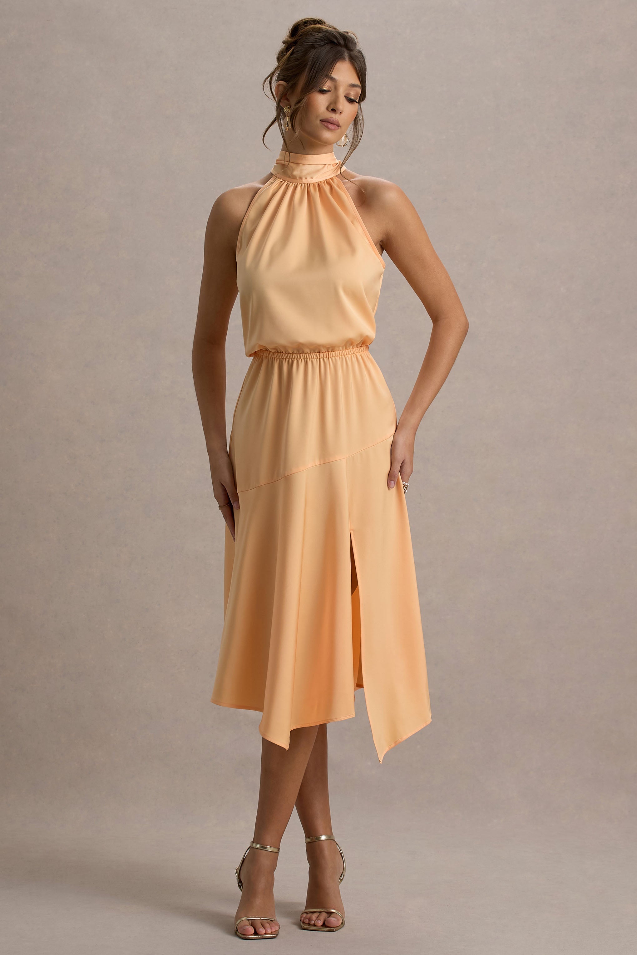 Palonia | Peach Satin High-Neck Split Midi Dress