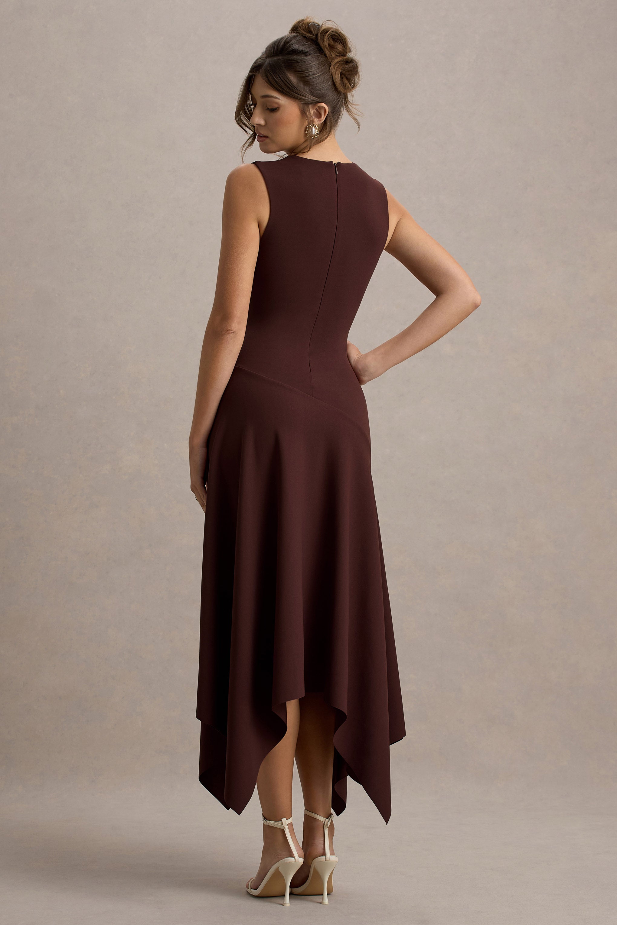 Francesca | Brown Knotted Midi Dress With Handkerchief Hem