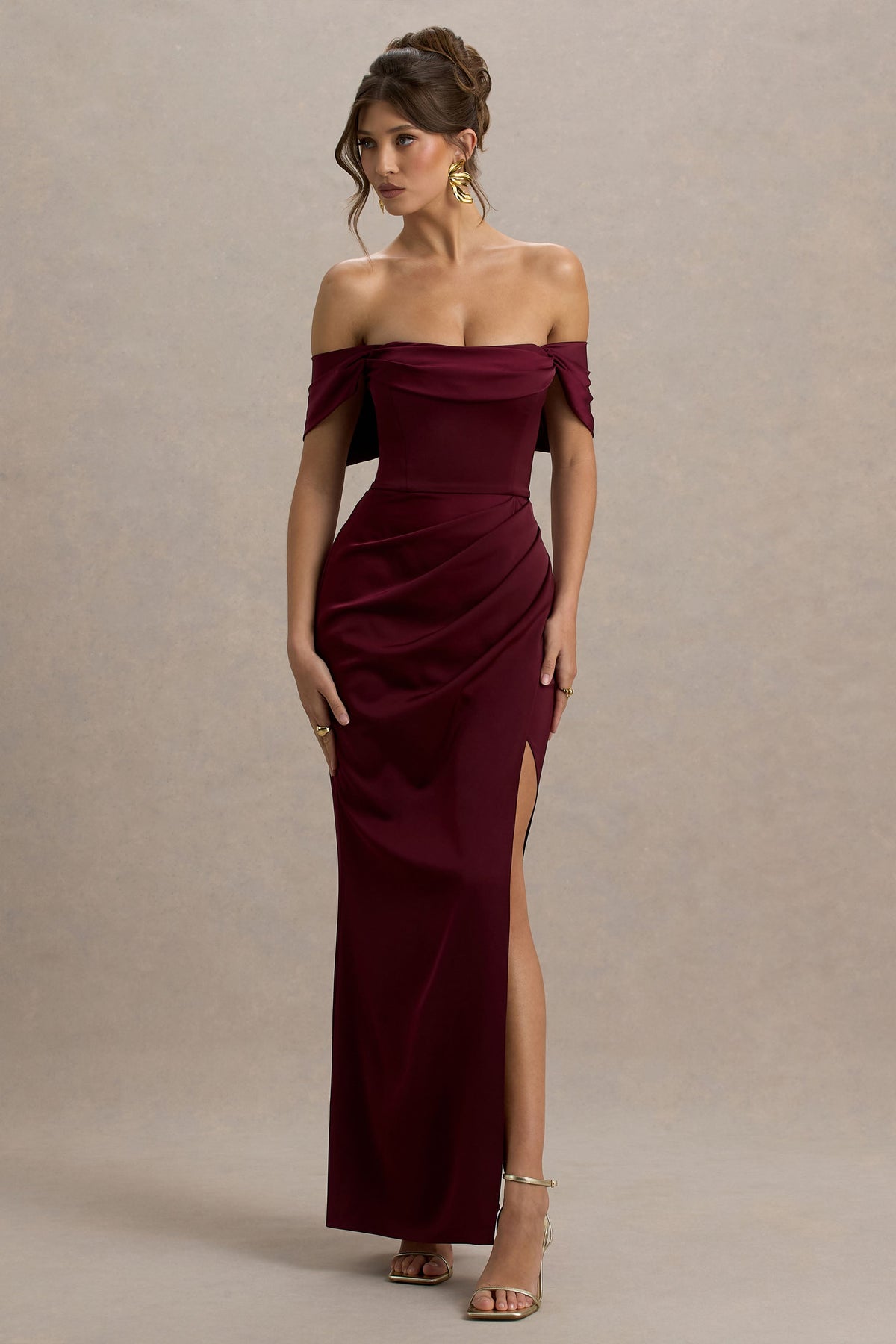 Annie | Burgundy Satin Bardot Maxi Dress With Split Wrap Skirt