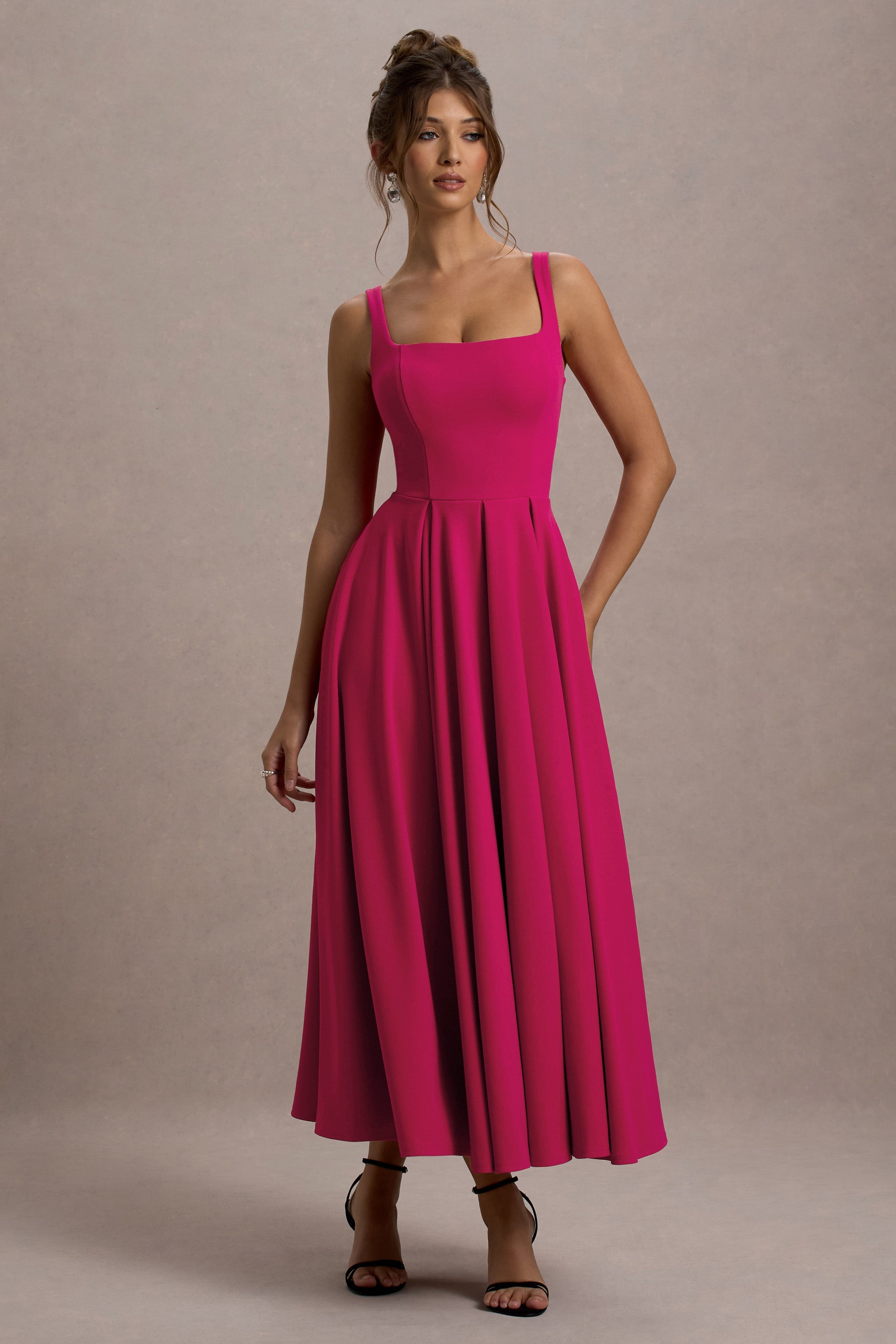 Parina | Hot Pink Strappy Volume-Hem Midi Dress