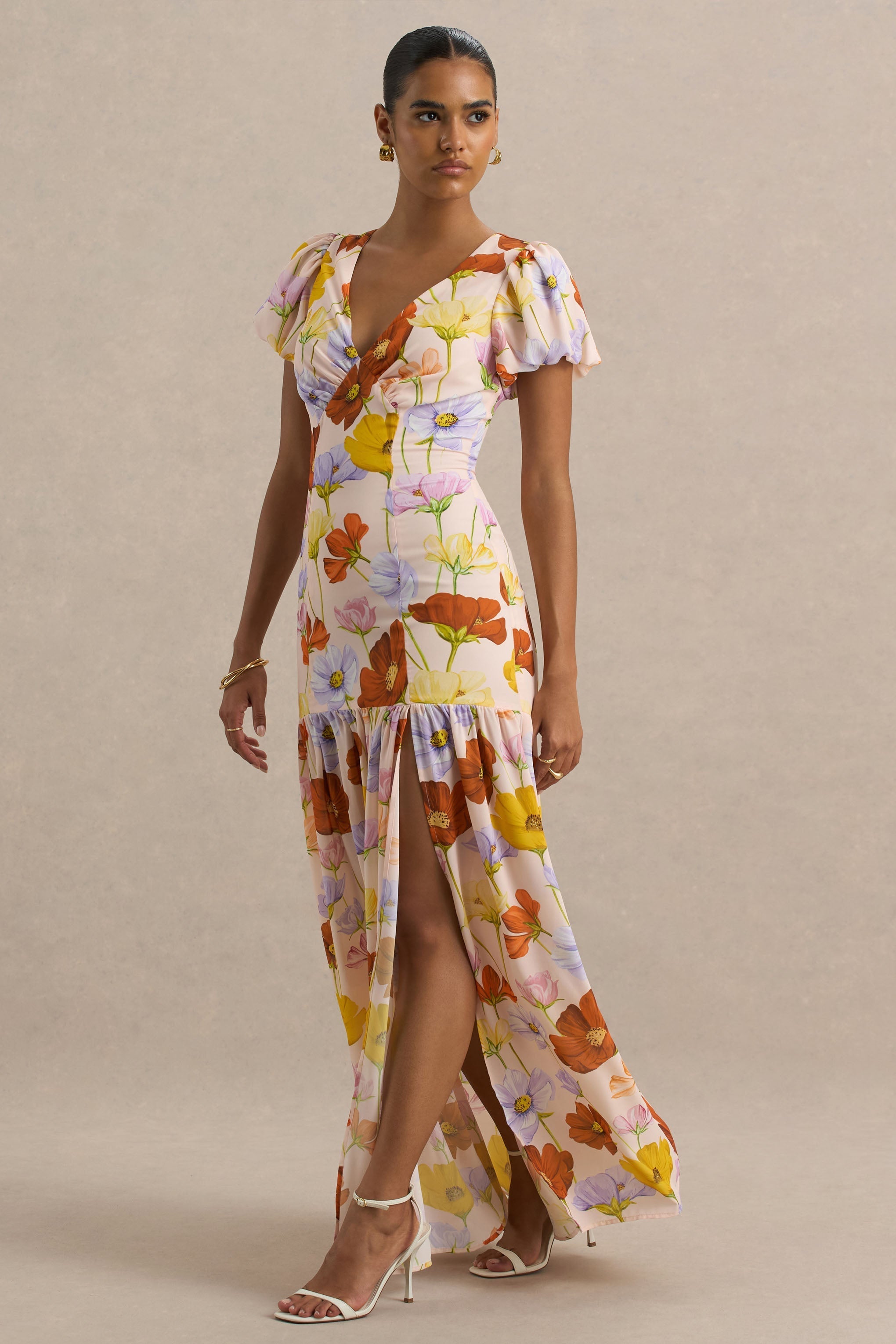 Ginny | Bright Floral Print Puff-Sleeve Split Maxi Dress