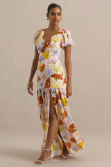 Ginny | Bright Floral Print Puff-Sleeve Split Maxi Dress