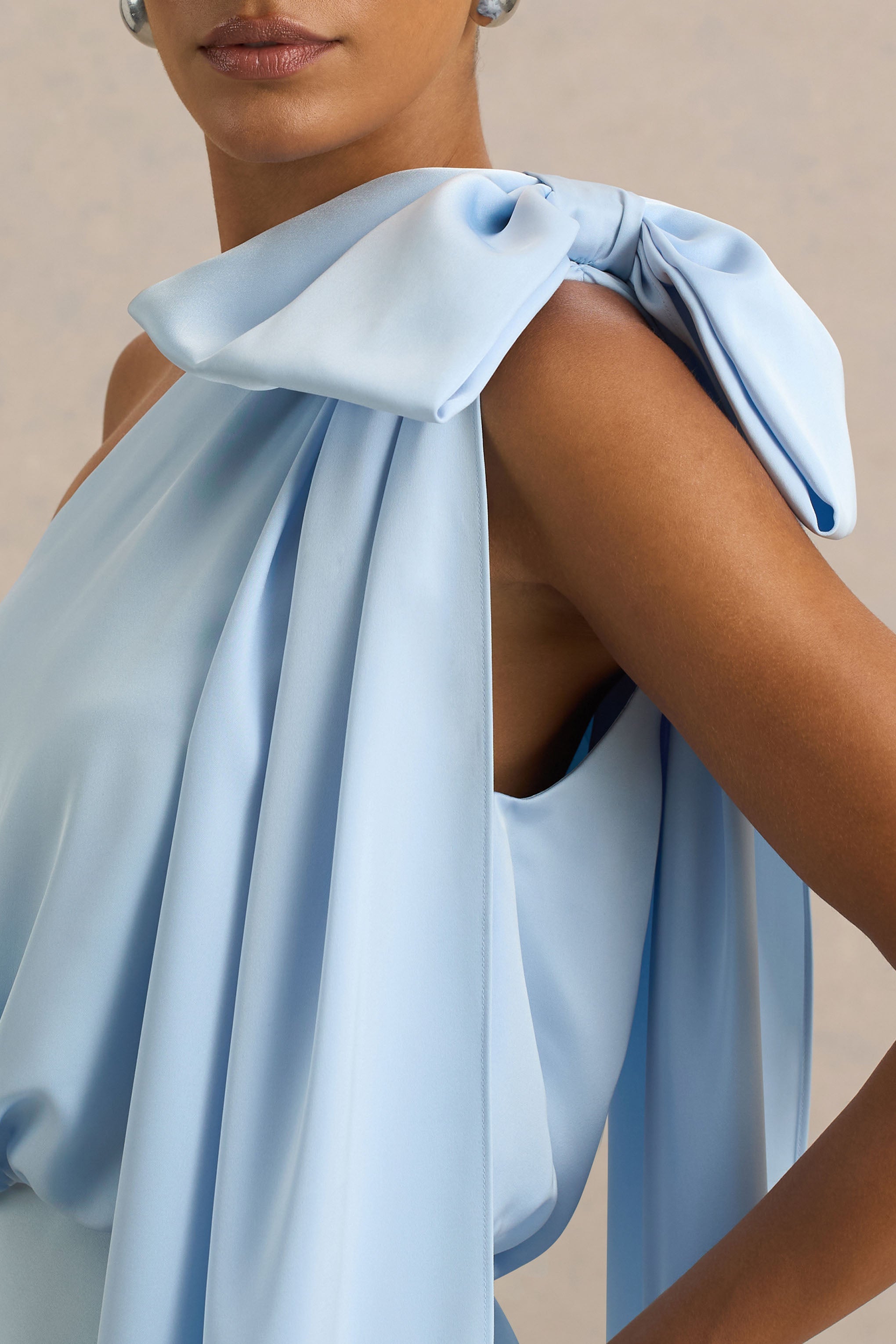 Celestia | Powder Blue Satin Asymmetric-Neck Midi Dress With Cape Detail