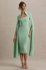 Linden | Light Green Bodycon Cape-Sleeve Midi Dress