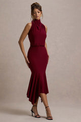 Prianyka | Berry High-Neck Draped Midi Dress