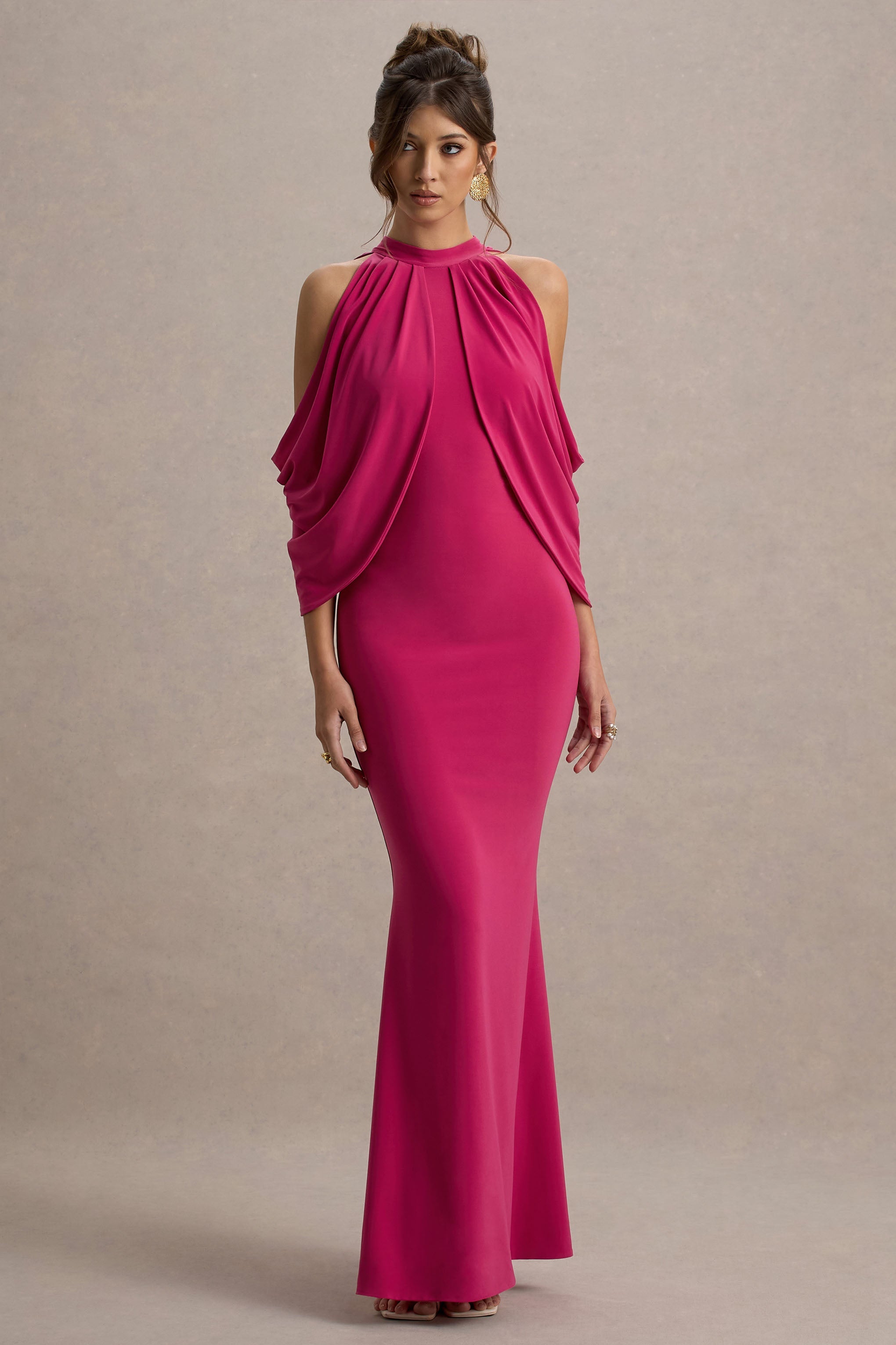 Teresa | Hot Pink High-Neck Cold-Shoulder Maxi Dress