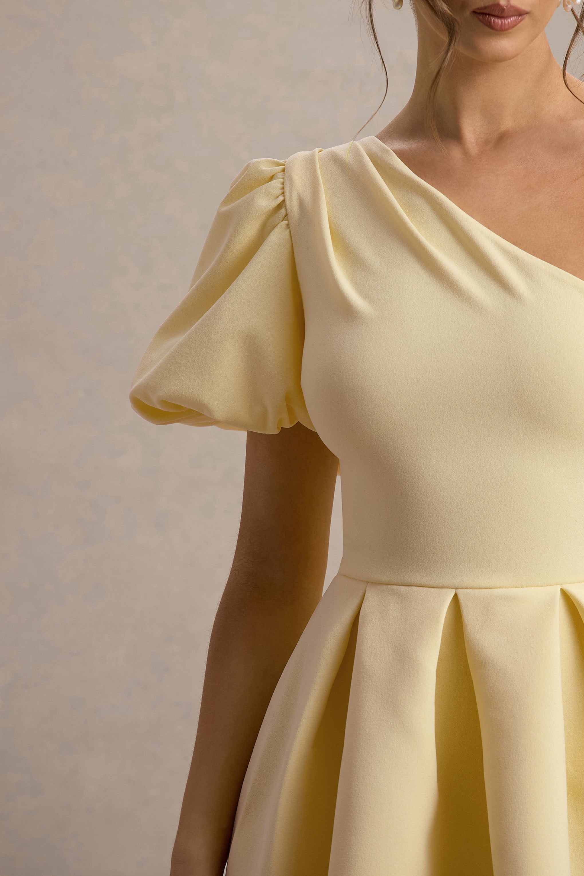 Rochelle | Pale Lemon Asymmetric Puff-Sleeve Midi Dress