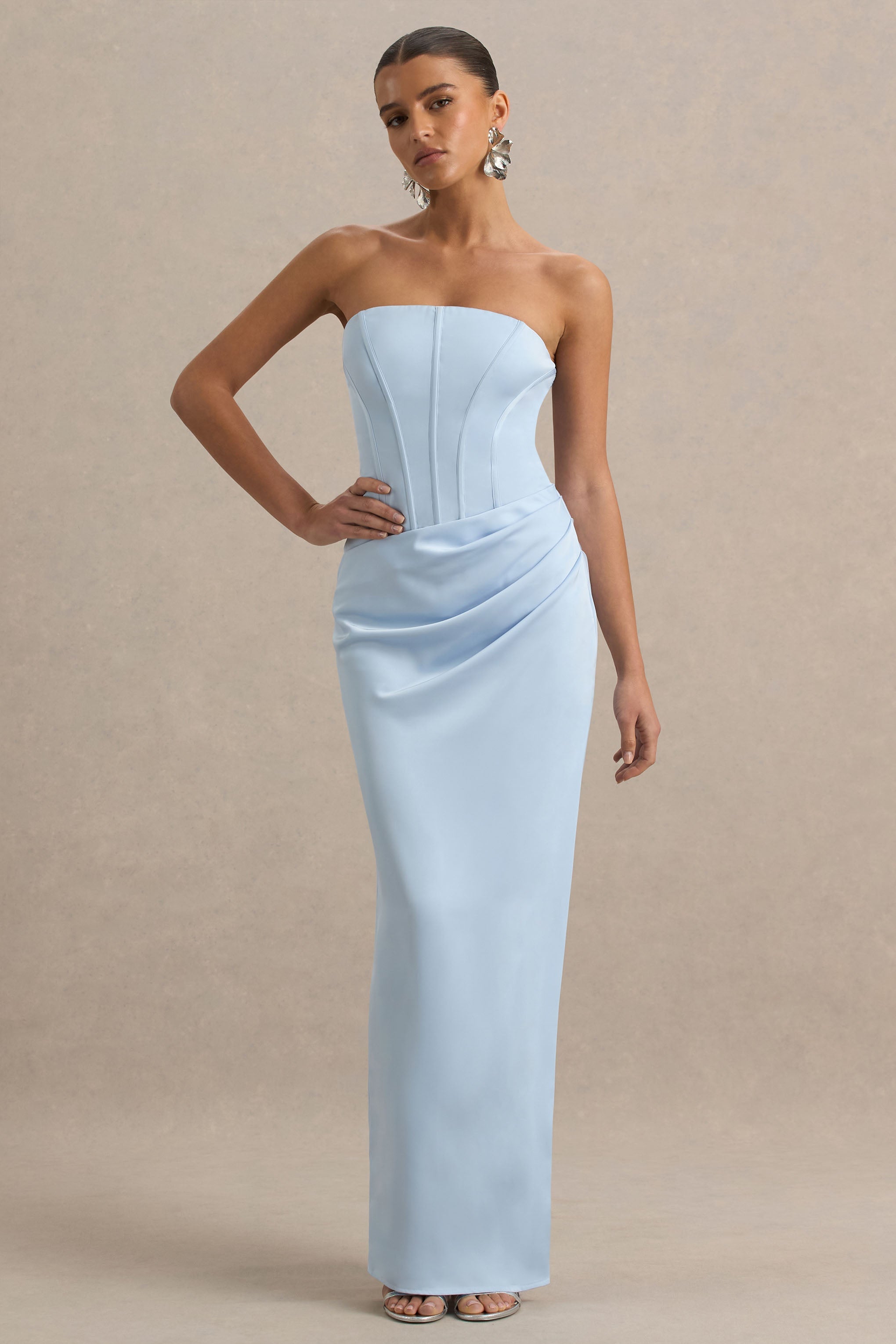 Joseline | Powder Blue Satin Corset Wrap Maxi Dress With Scarf