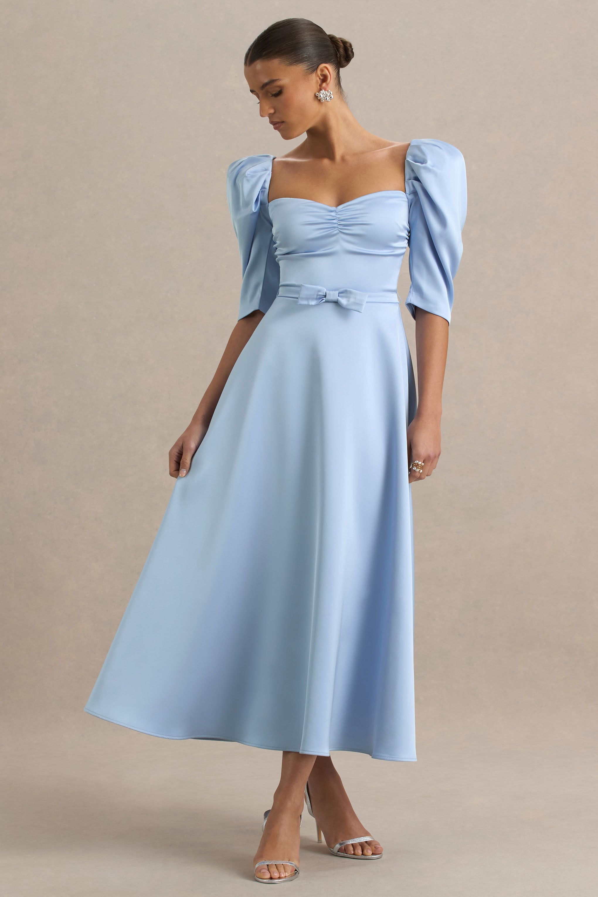 Rosey | Powder Blue Satin Sweetheart Midi Dress