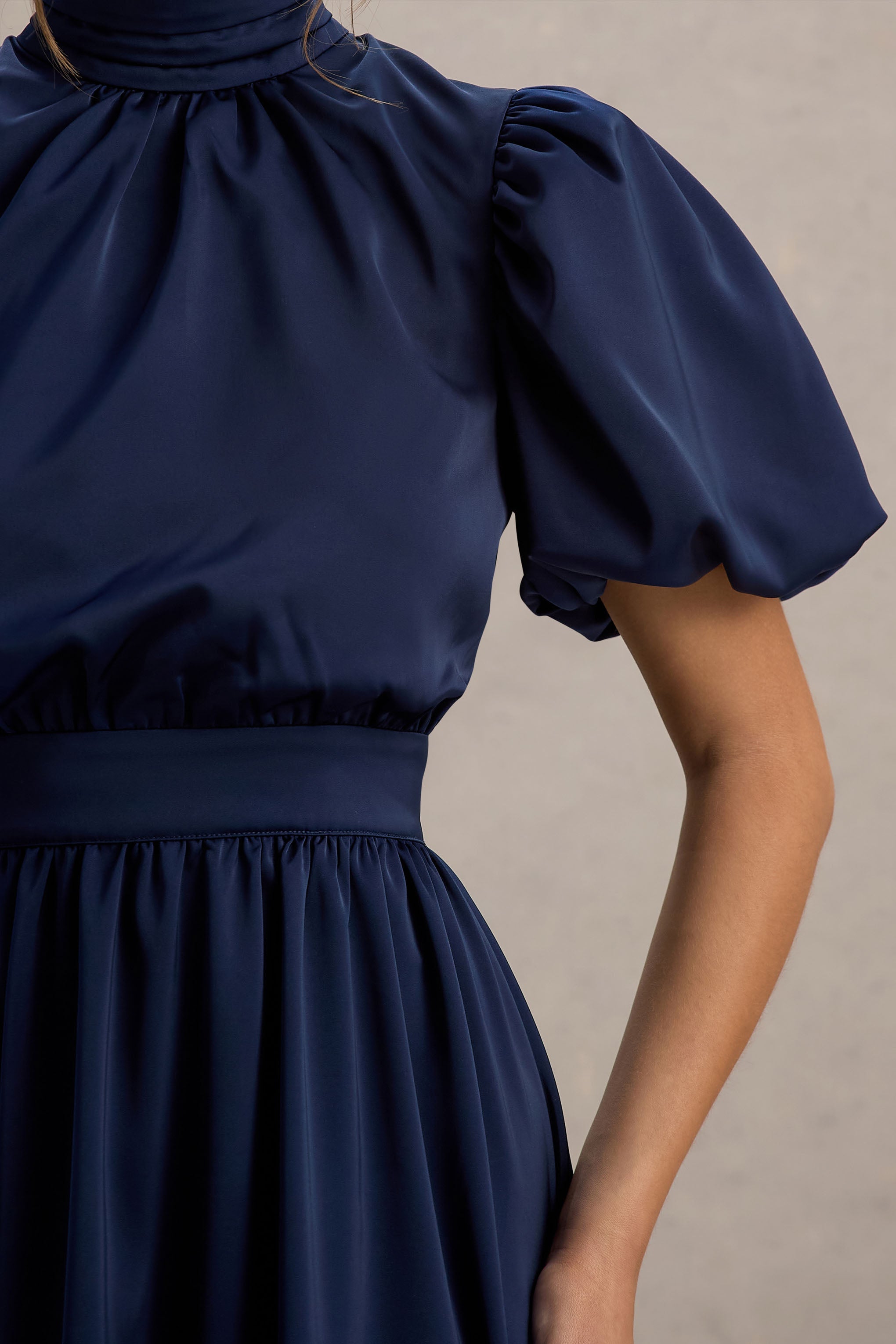 Persea | Navy Satin Puff-Sleeve Midi Dress With Bow