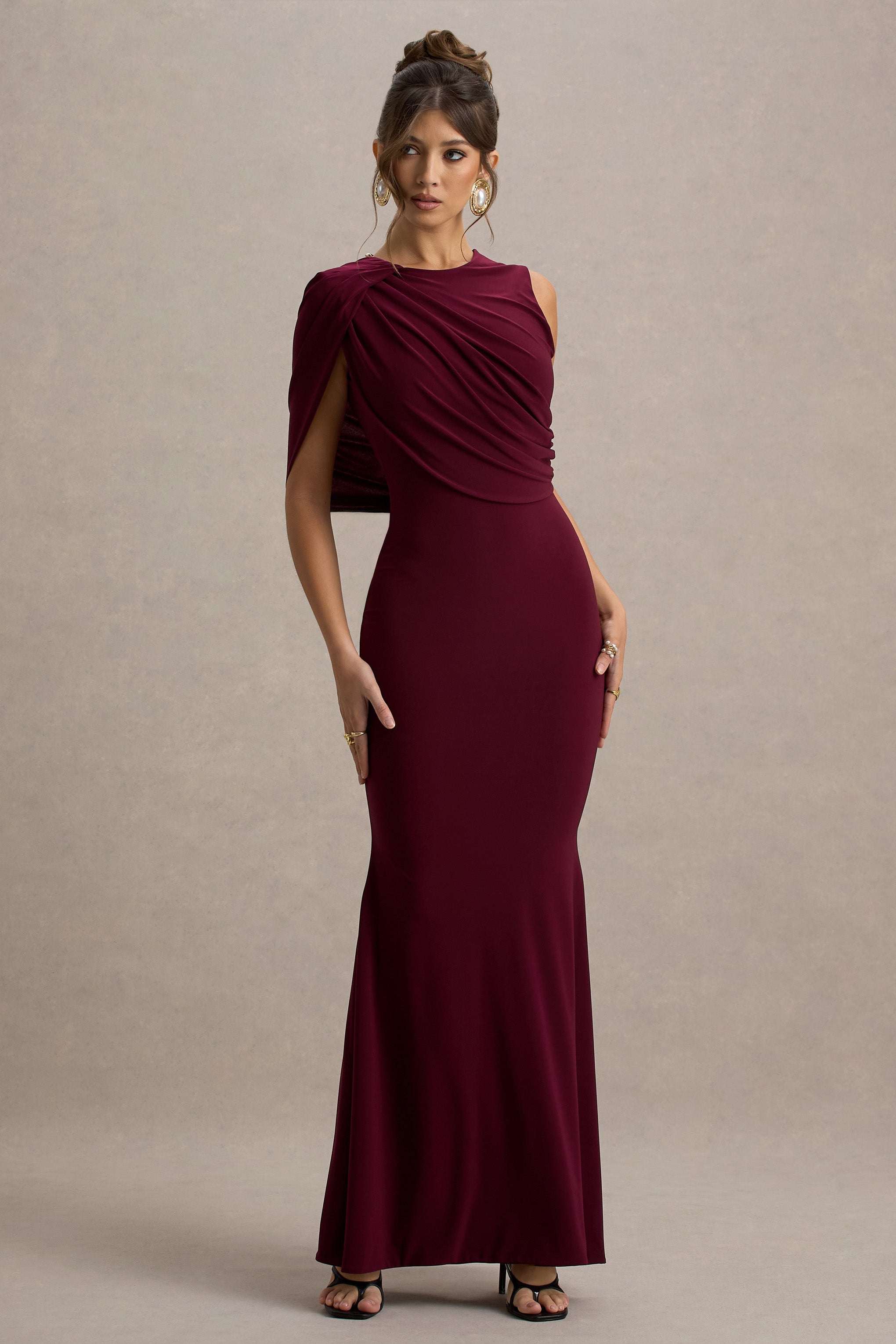 Rae | Burgundy Maxi Dress With One-Sleeve Cape