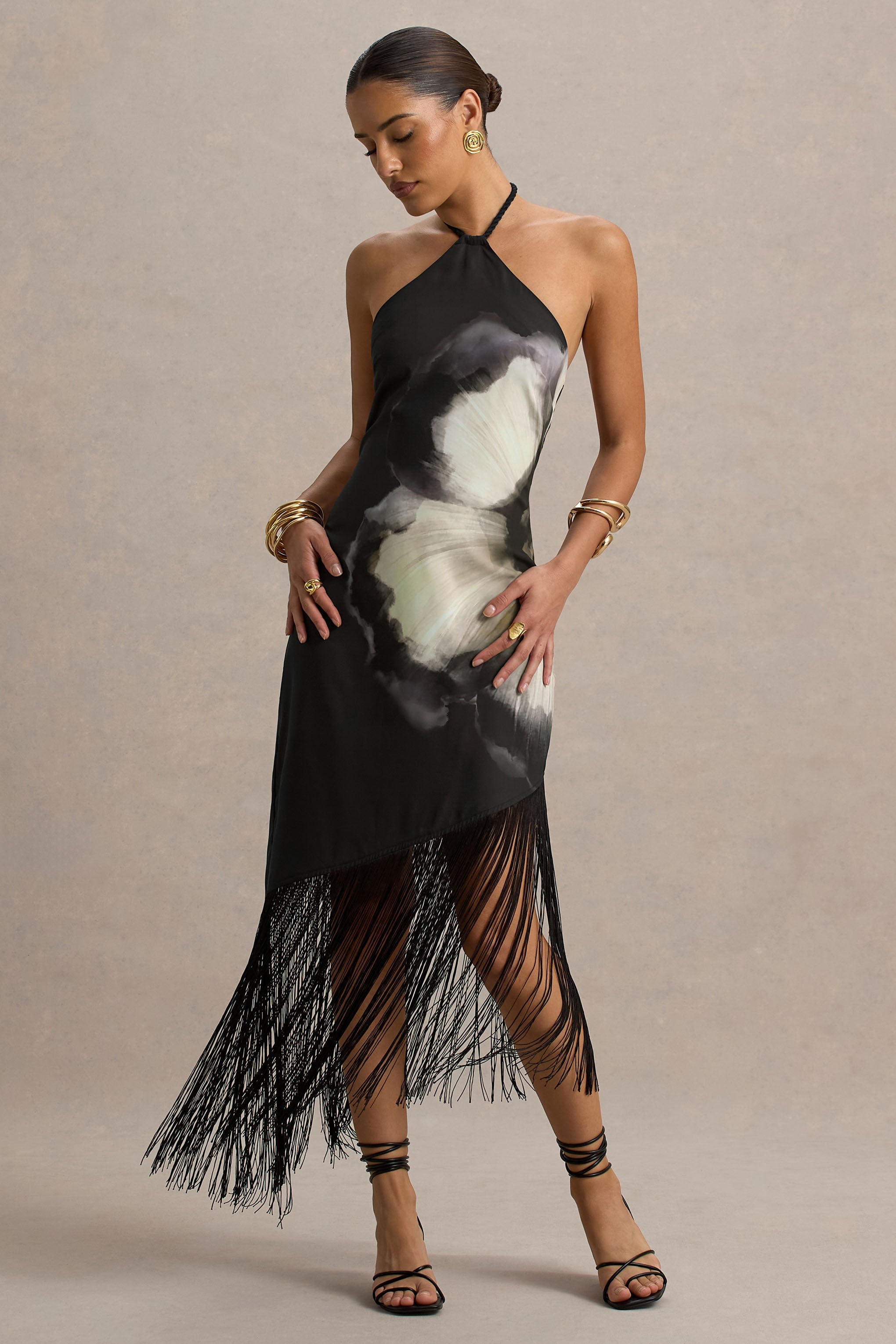Dhalia | Black Floral Print Halter-Neck Fringe Maxi Dress
