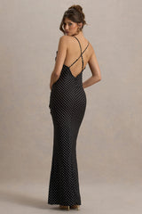 Annabelle | Black Polka Dot Ruffled Maxi Dress With Corsage