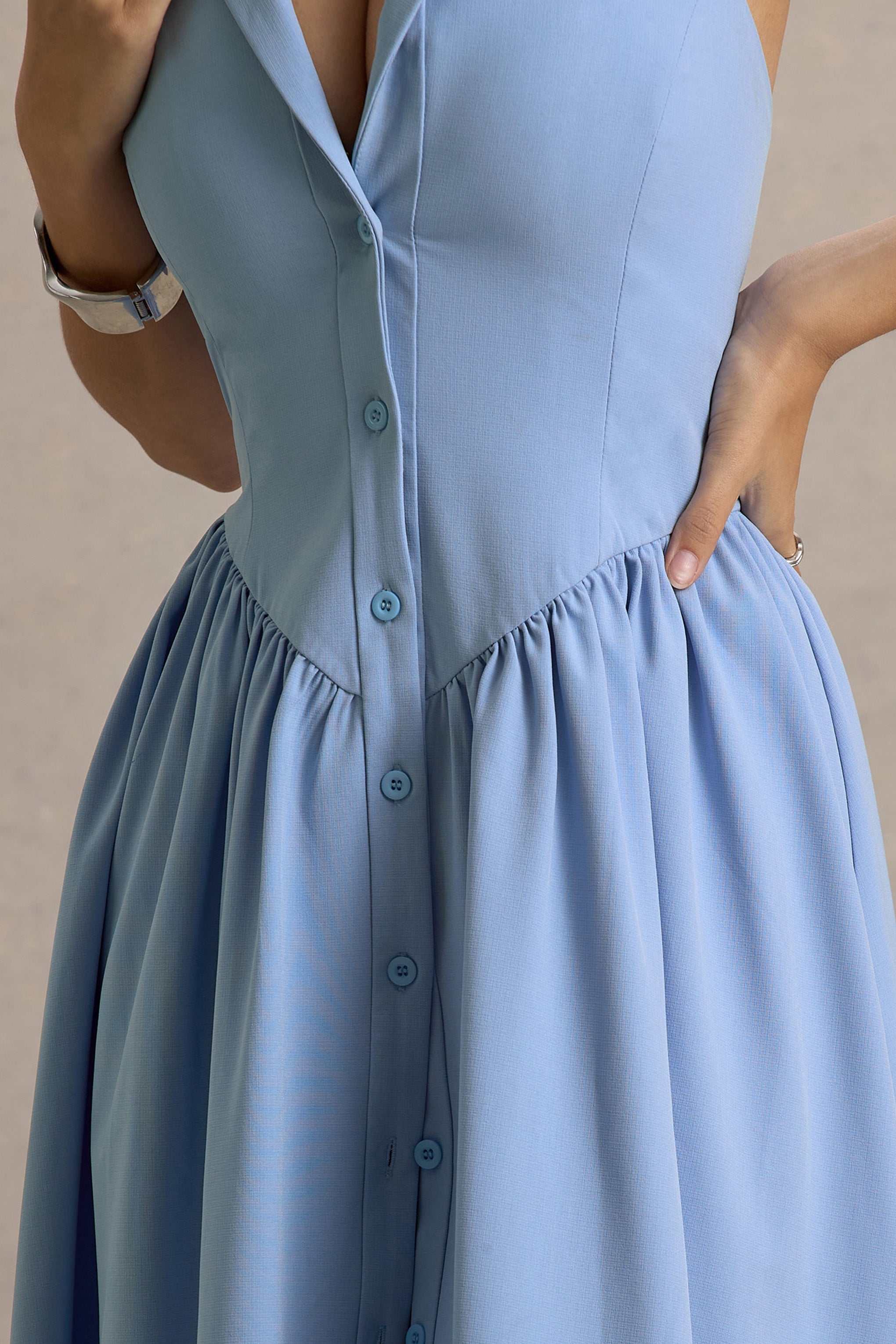 Samsara | Light Blue Plunge-Neck Collared Midi Dress