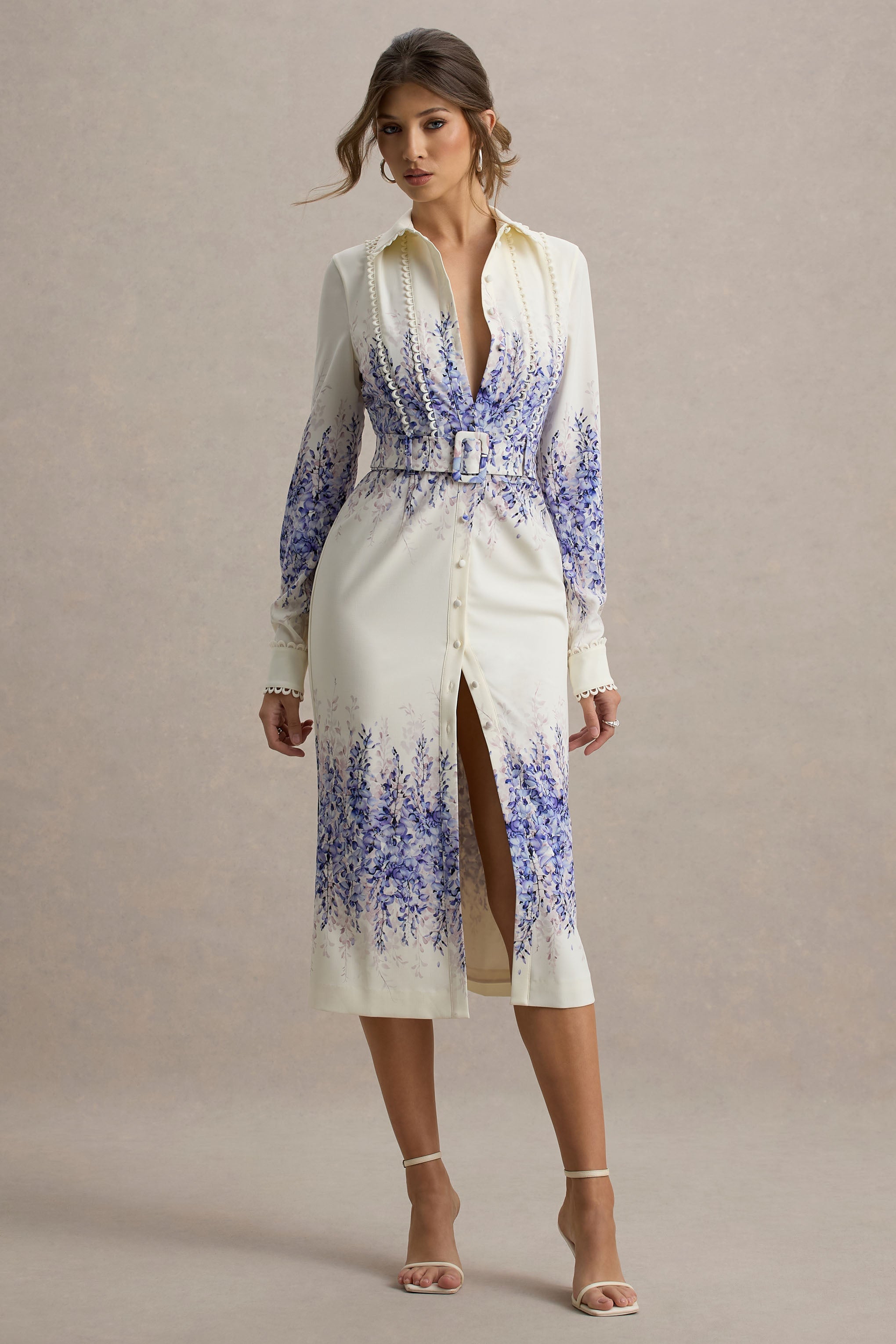 Zephy | Wisteria Print Belted Shirt Midi Dress