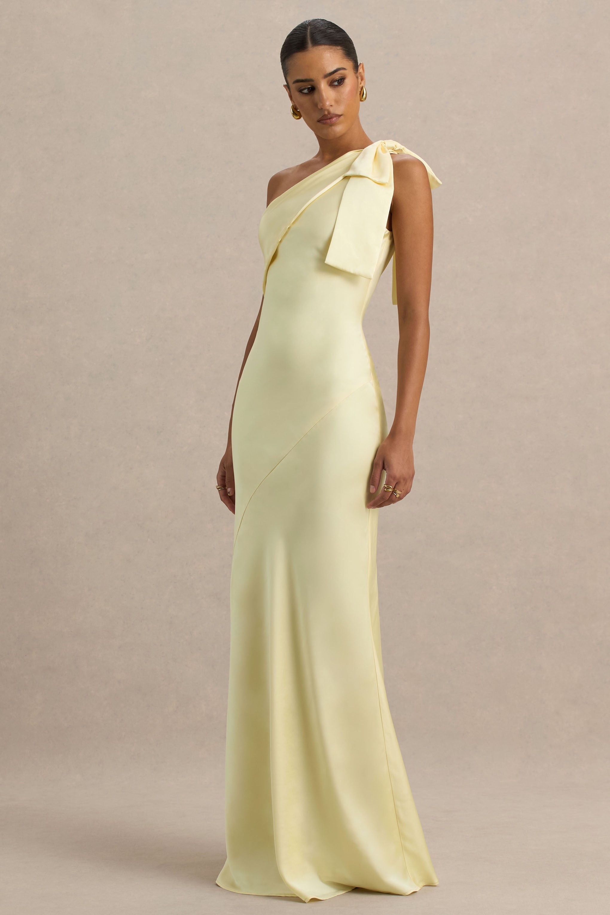 Valerie | Lemon Satin Asymmetric-Neck Maxi Dress With Bow Detail
