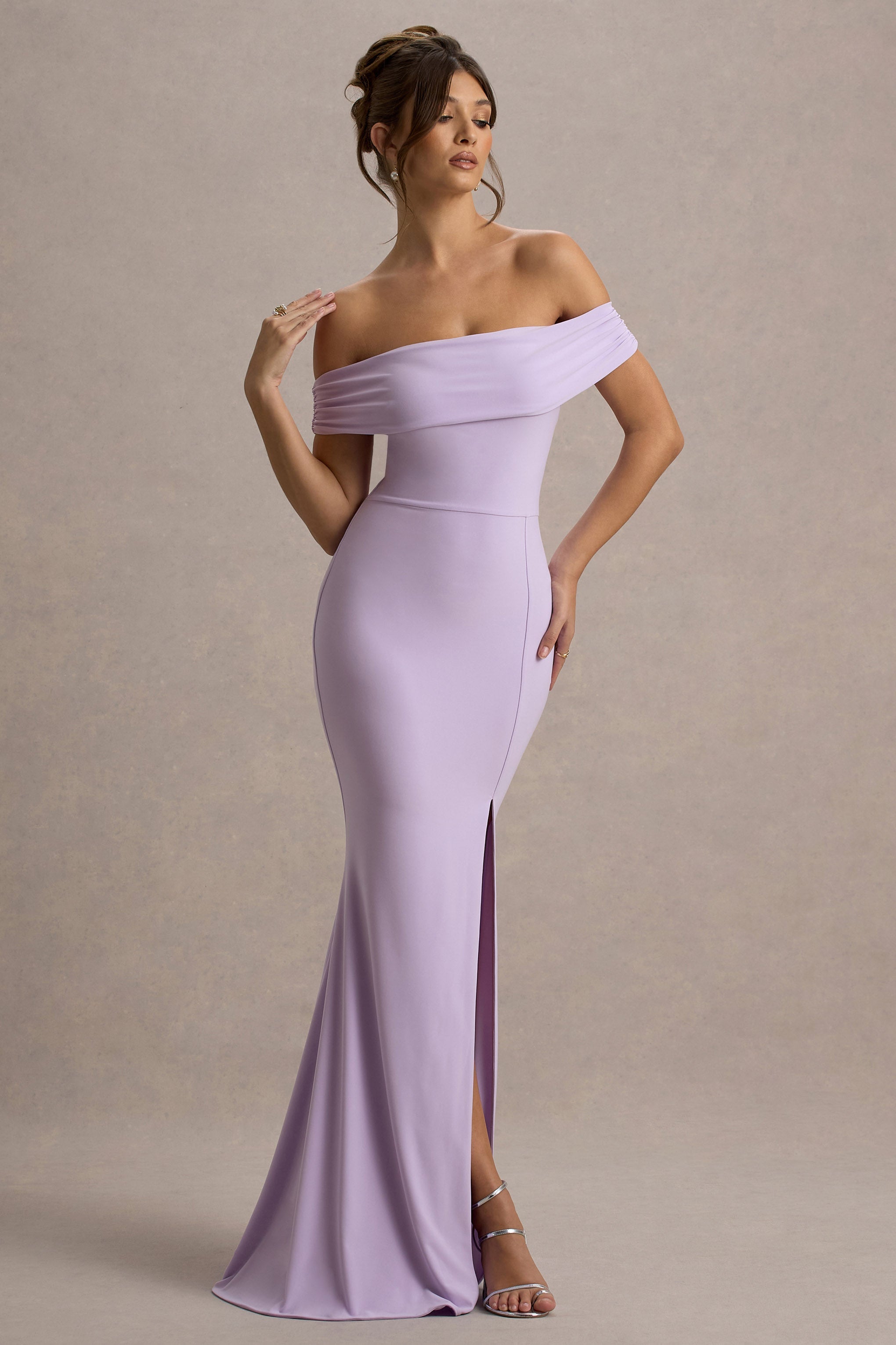 Law of Attraction | Lilac Bardot Draped Split Maxi Dress