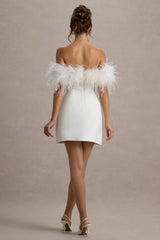 Palace | White Bardot Mini Dress With Feather Trim