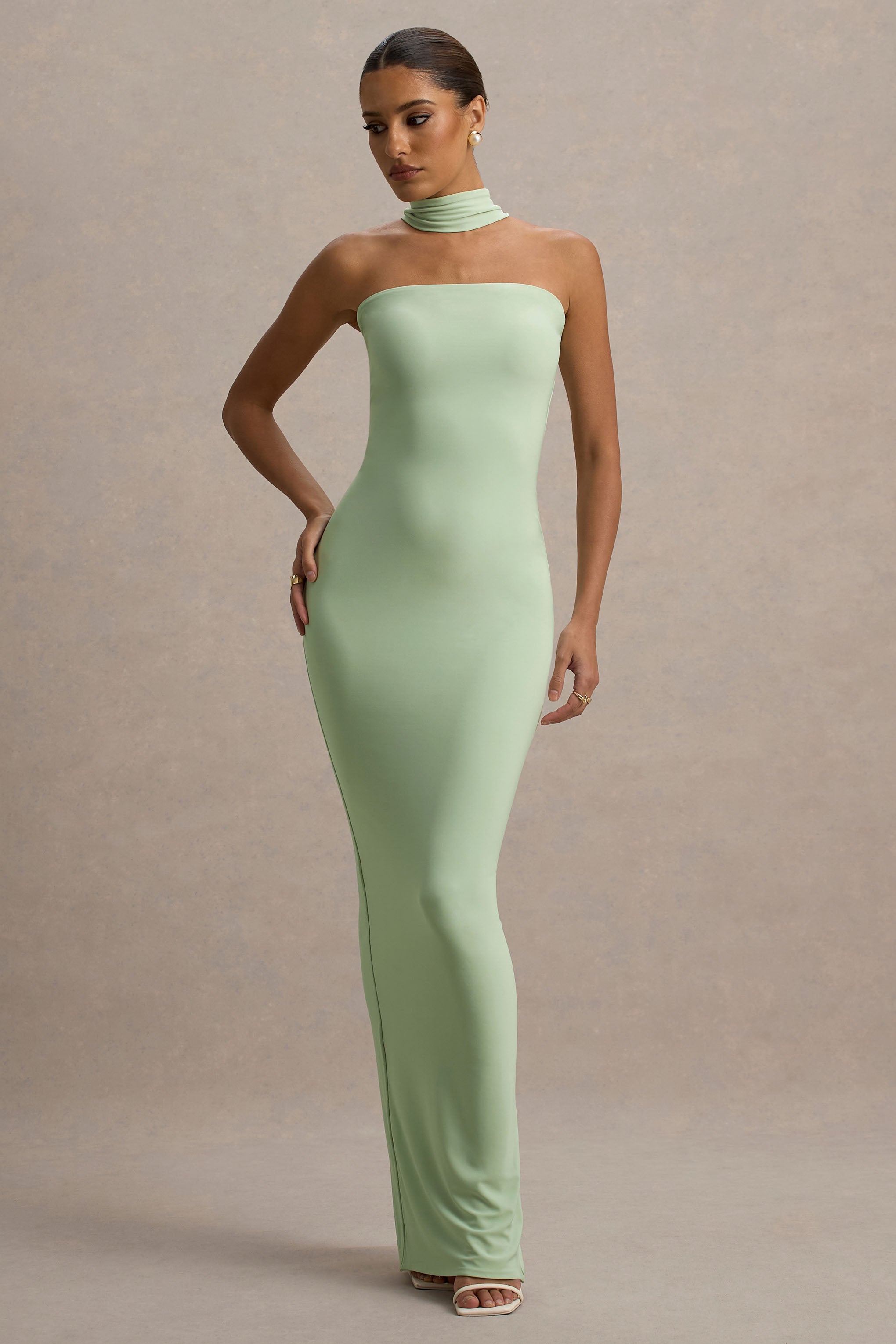 Nobu | Light Green Bandeau Maxi Dress With Halter-Collar