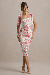 Cordelia | Pink Porcelain Print Bodycon Midi Dress With Bow Straps