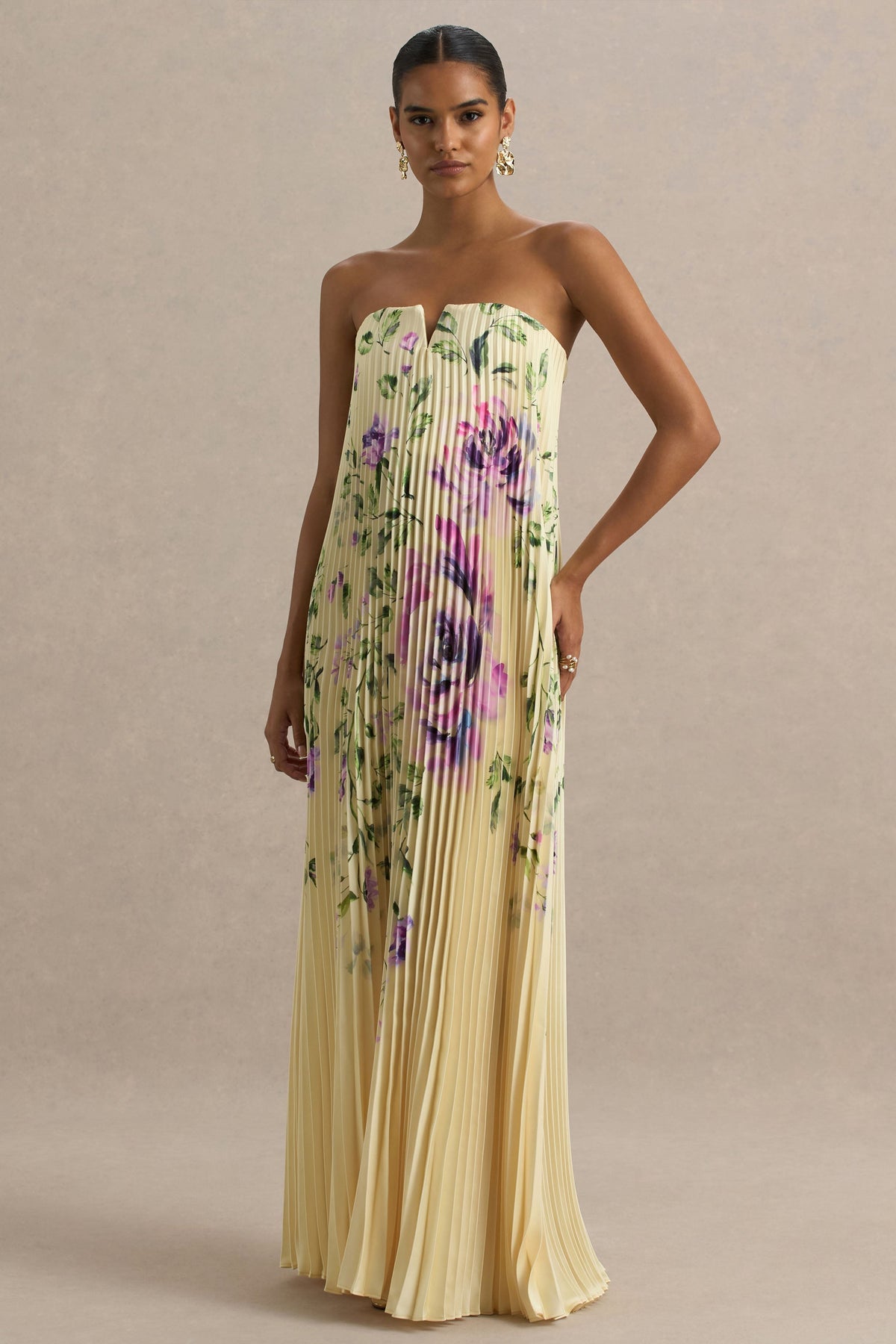 Bergamot | Lemon Rose Print Satin Sweetheart Maxi Dress