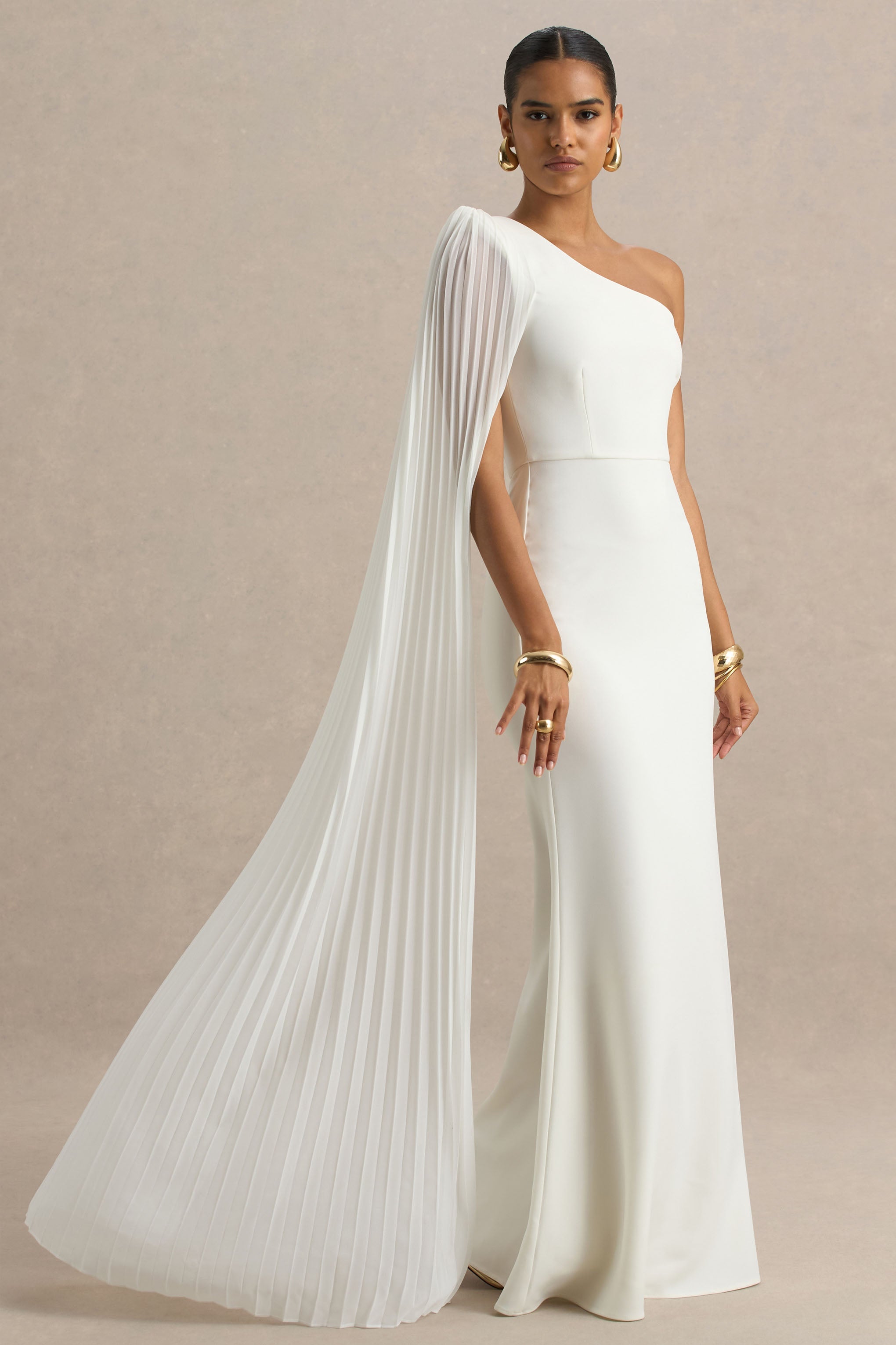Athens | White Asymmetric-Neck Maxi Dress With Cape Sleeve Detail