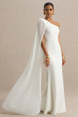 Athens | White Asymmetric-Neck Maxi Dress With Cape Sleeve Detail