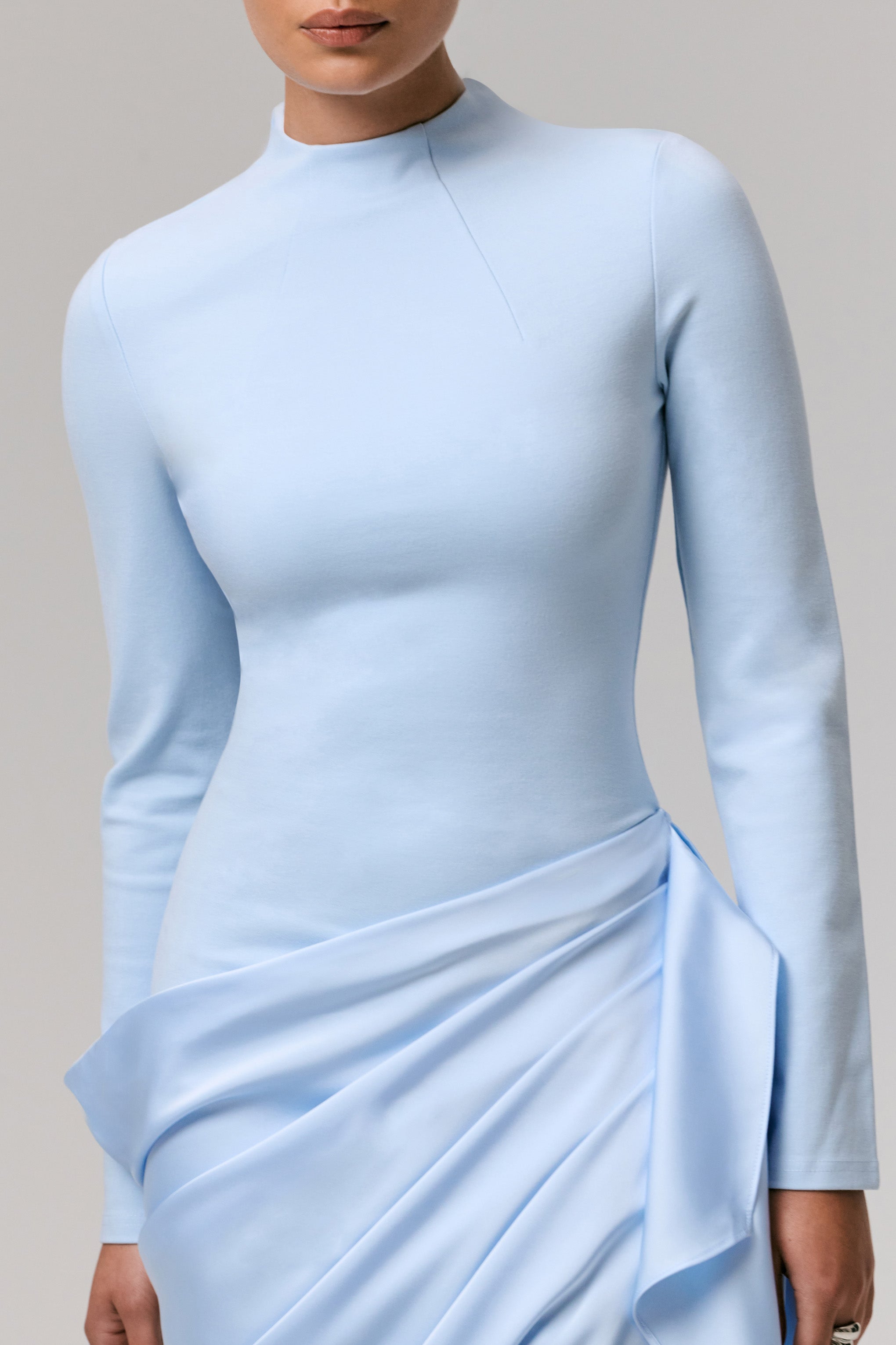 Raffie | Powder Blue Long-Sleeve Midi Dress With Satin Wrap Skirt