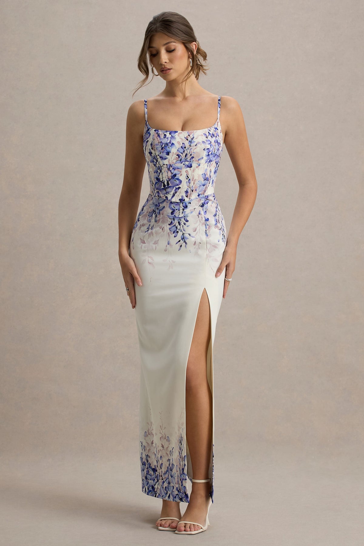 Lupita | Wisteria Print Linen Split Maxi Dress