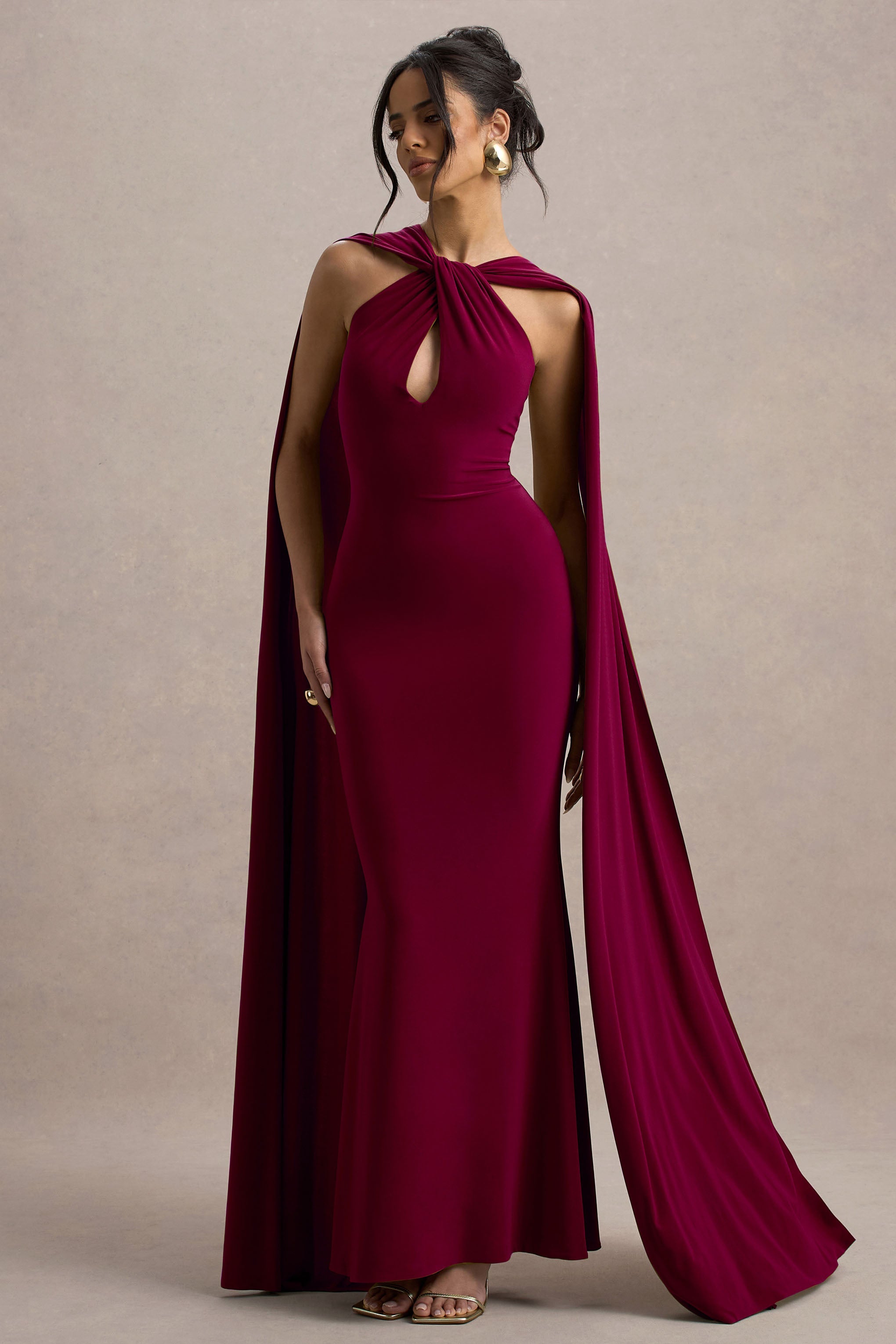 Rhoda | Burgundy Twist Halter-Neck Cape Maxi Dress