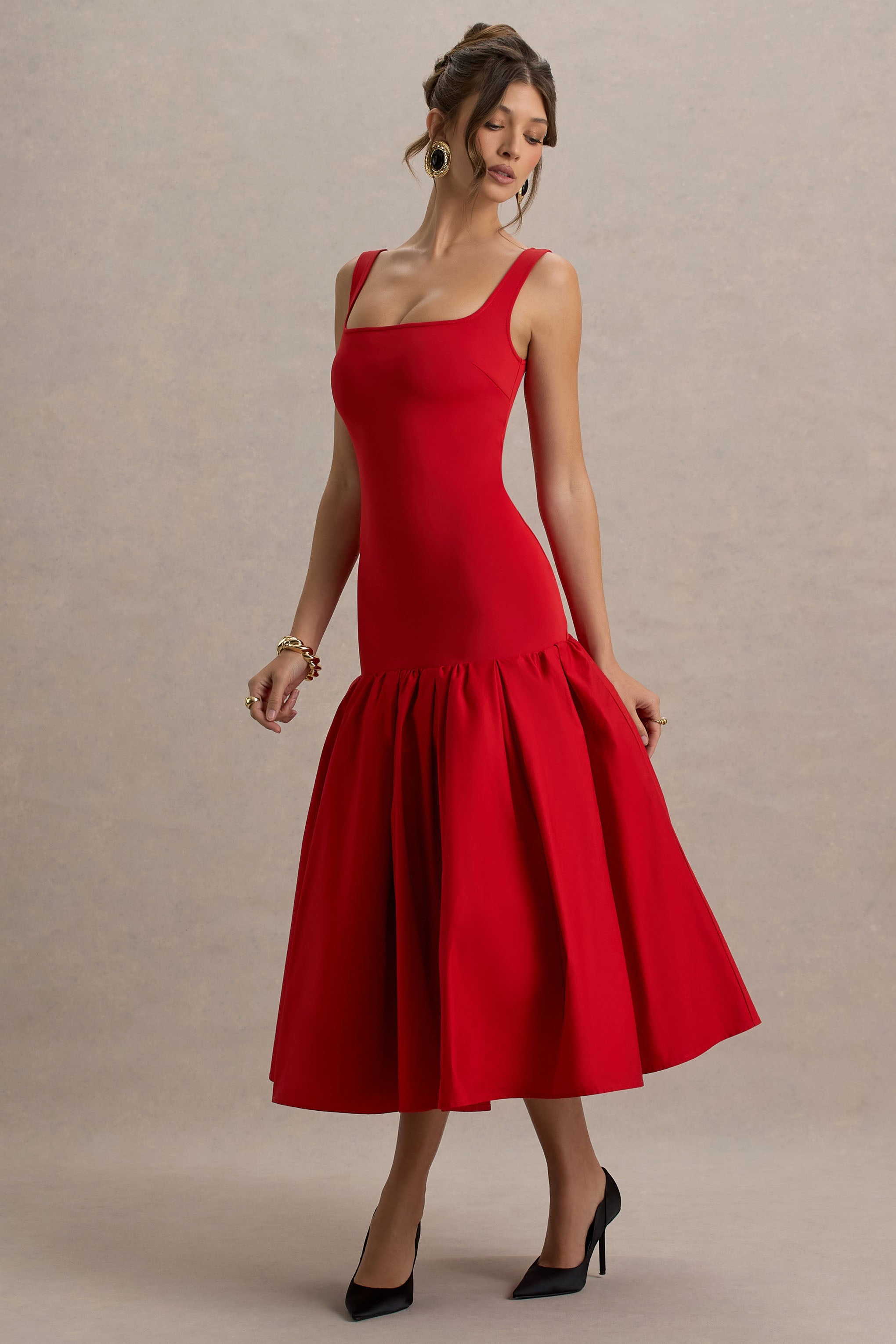 Parida | Red Poplin Drop-Waist Midi Dress With Peplum Hem