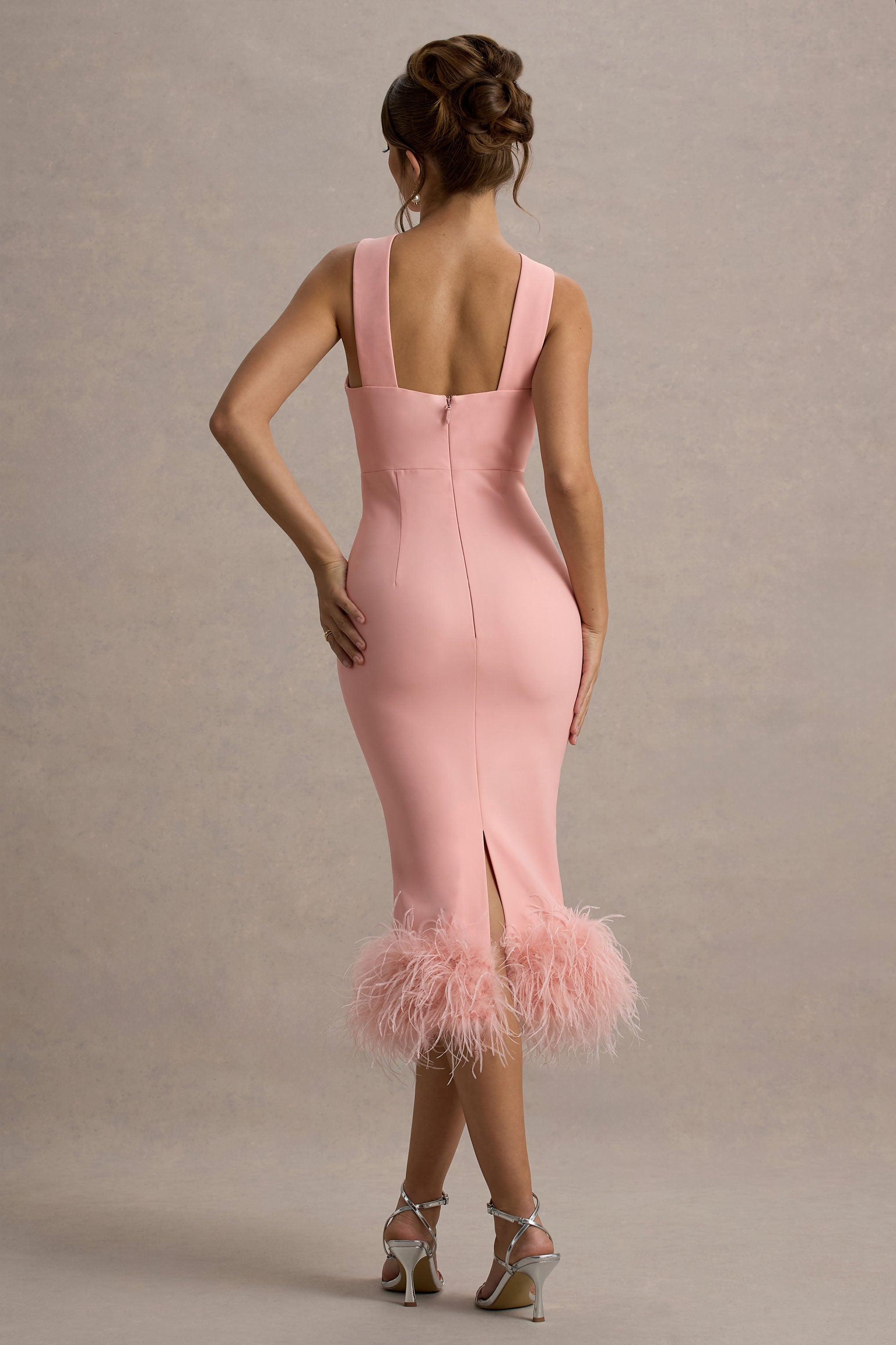 Titania | Pink Twist-Neck Feather Hem Midi Dress