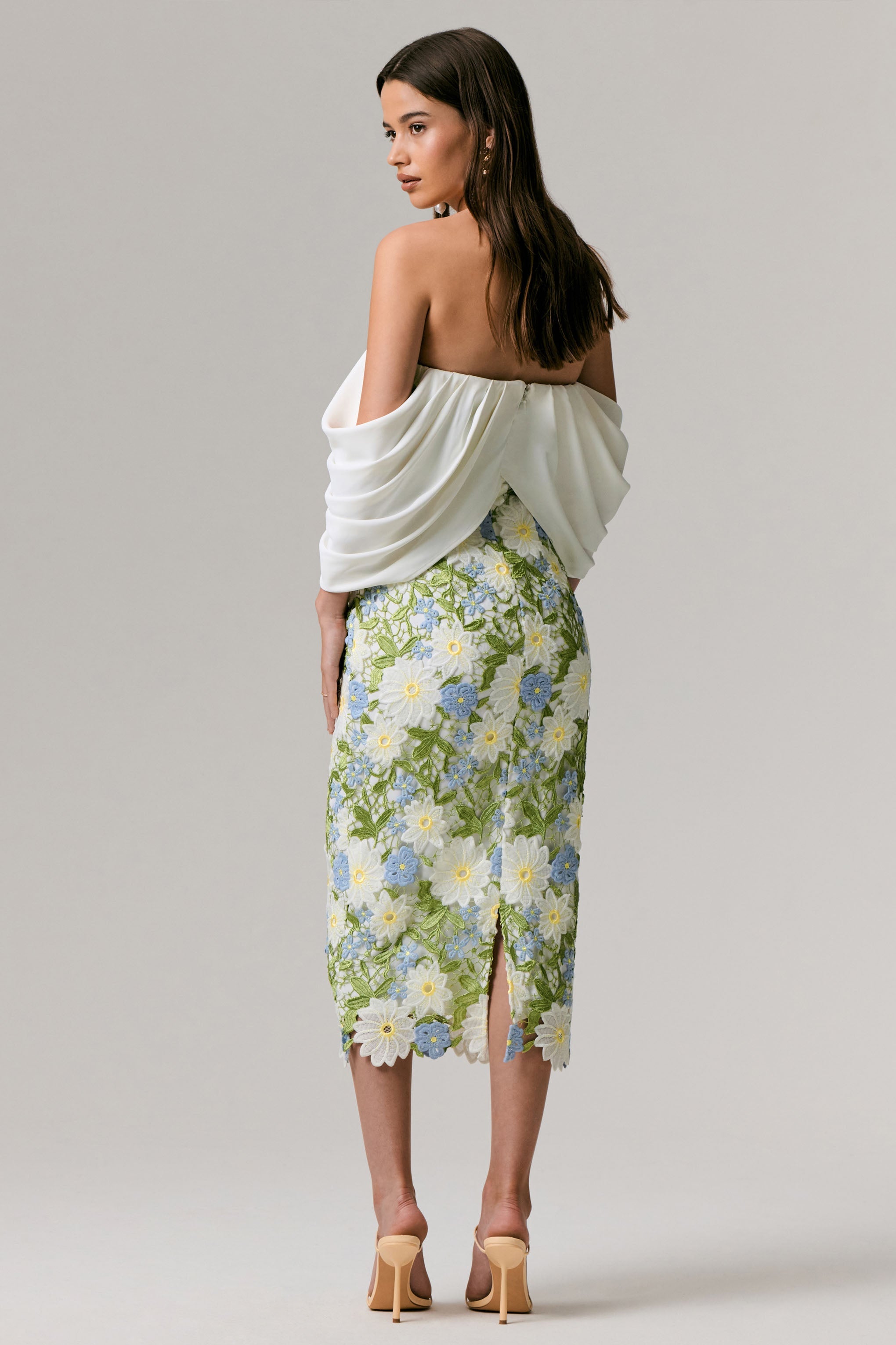 Entitled | Cream Floral Lace Bardot Midi Dress