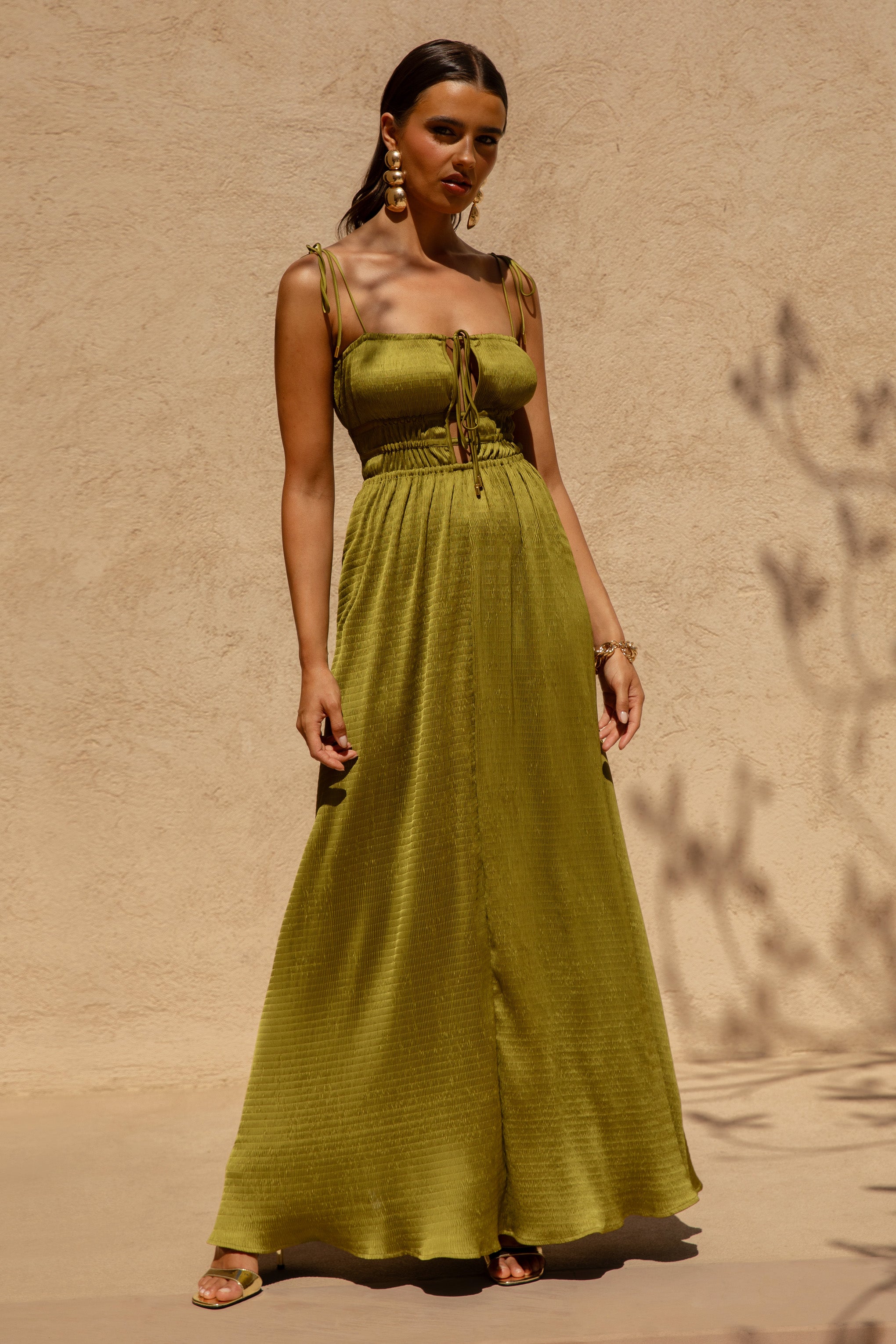 Azalea | Green Square-Neck Maxi Dress With Chest Cut-Out And Pleated Detailing