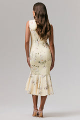 Priceless | Lemon Print High-Neck Fishtail Midi Dress