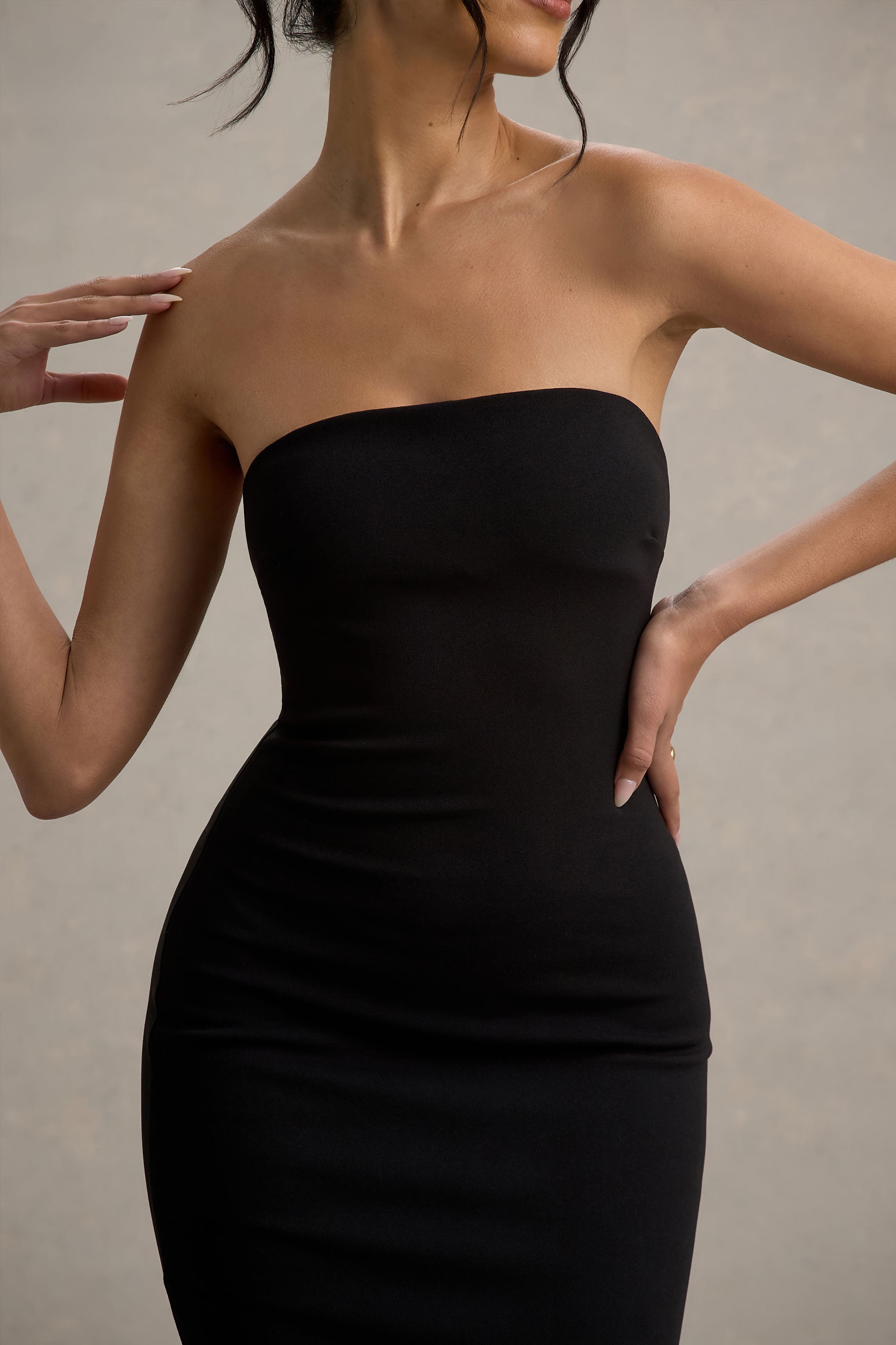 Angela | Black Bandeau Fishtail Maxi Dress