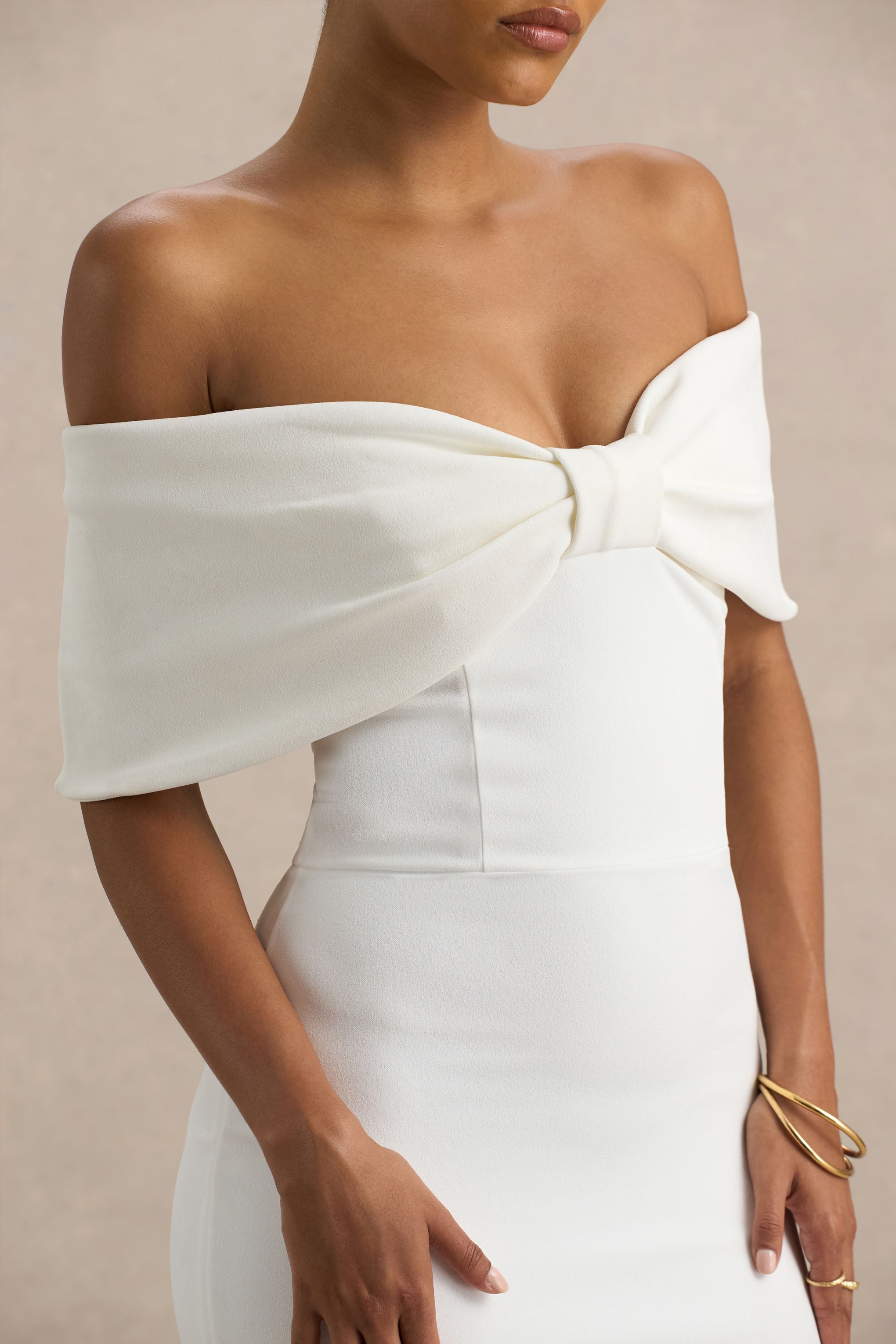 Bayshore | White Bow Bardot Midi Dress