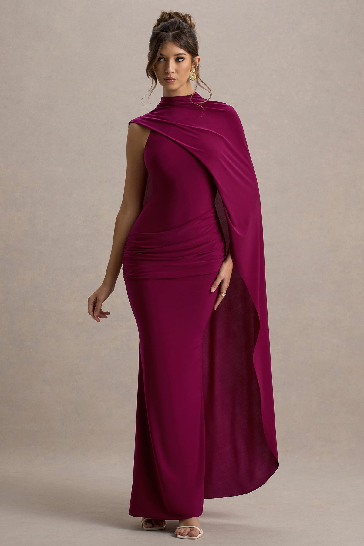 Maeve | Burgundy Cape-Sleeve Draped Maxi Dress
