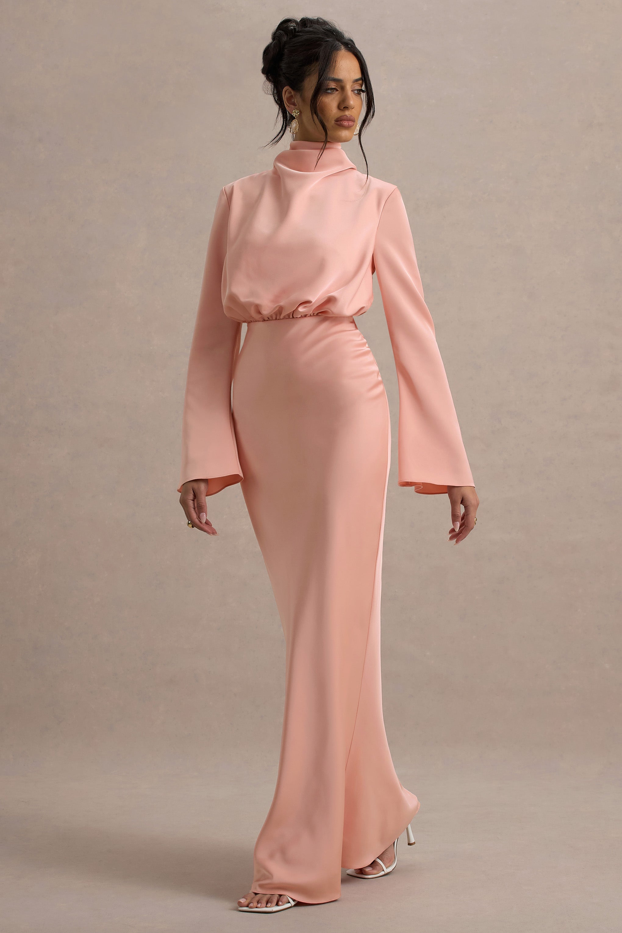 Celina | Light Pink Satin High-Neck Maxi Dress