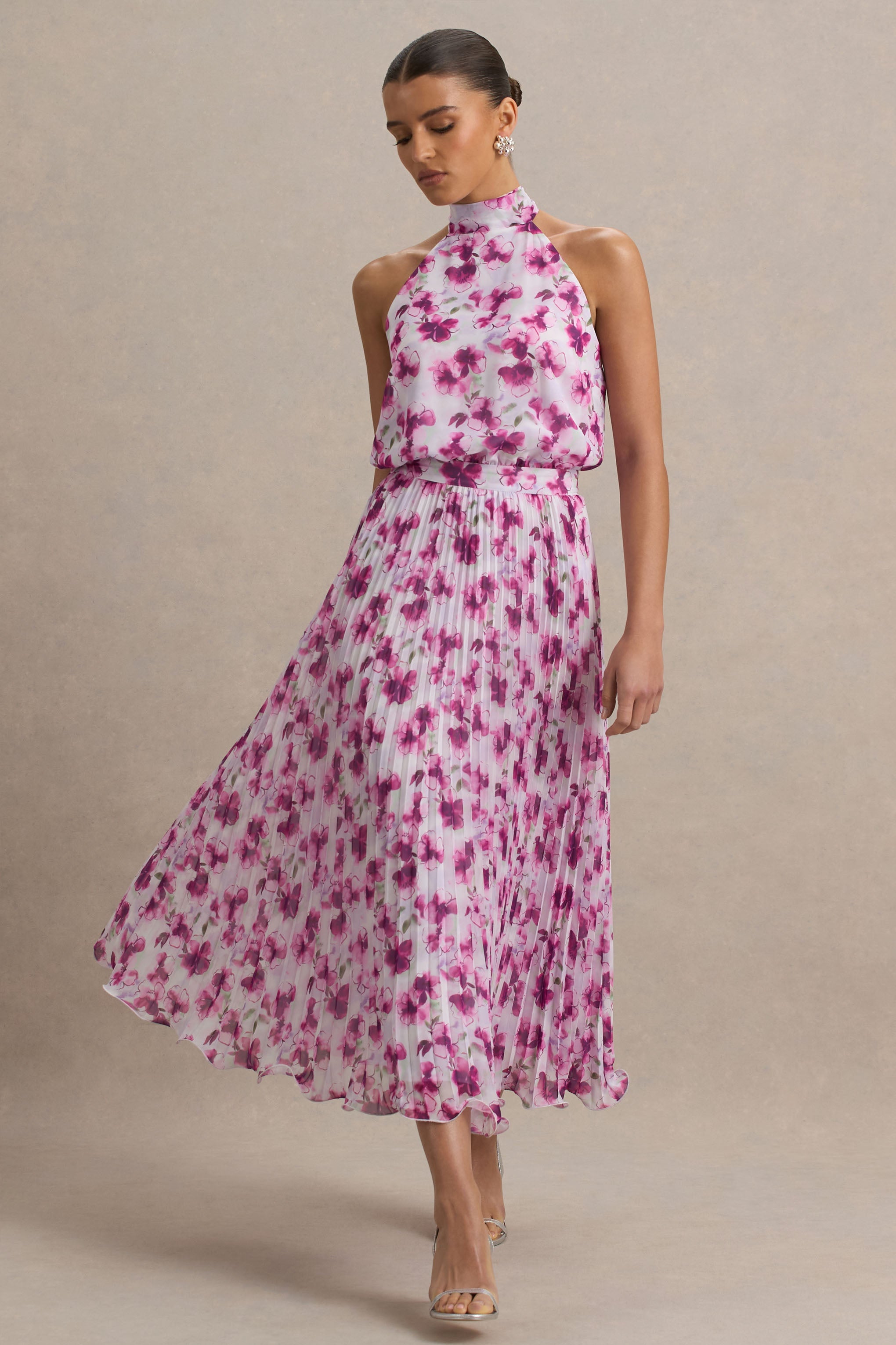 Refractive | Purple Floral Print Satin Maxi Dress With Halter-Neck and Pleated Skirt