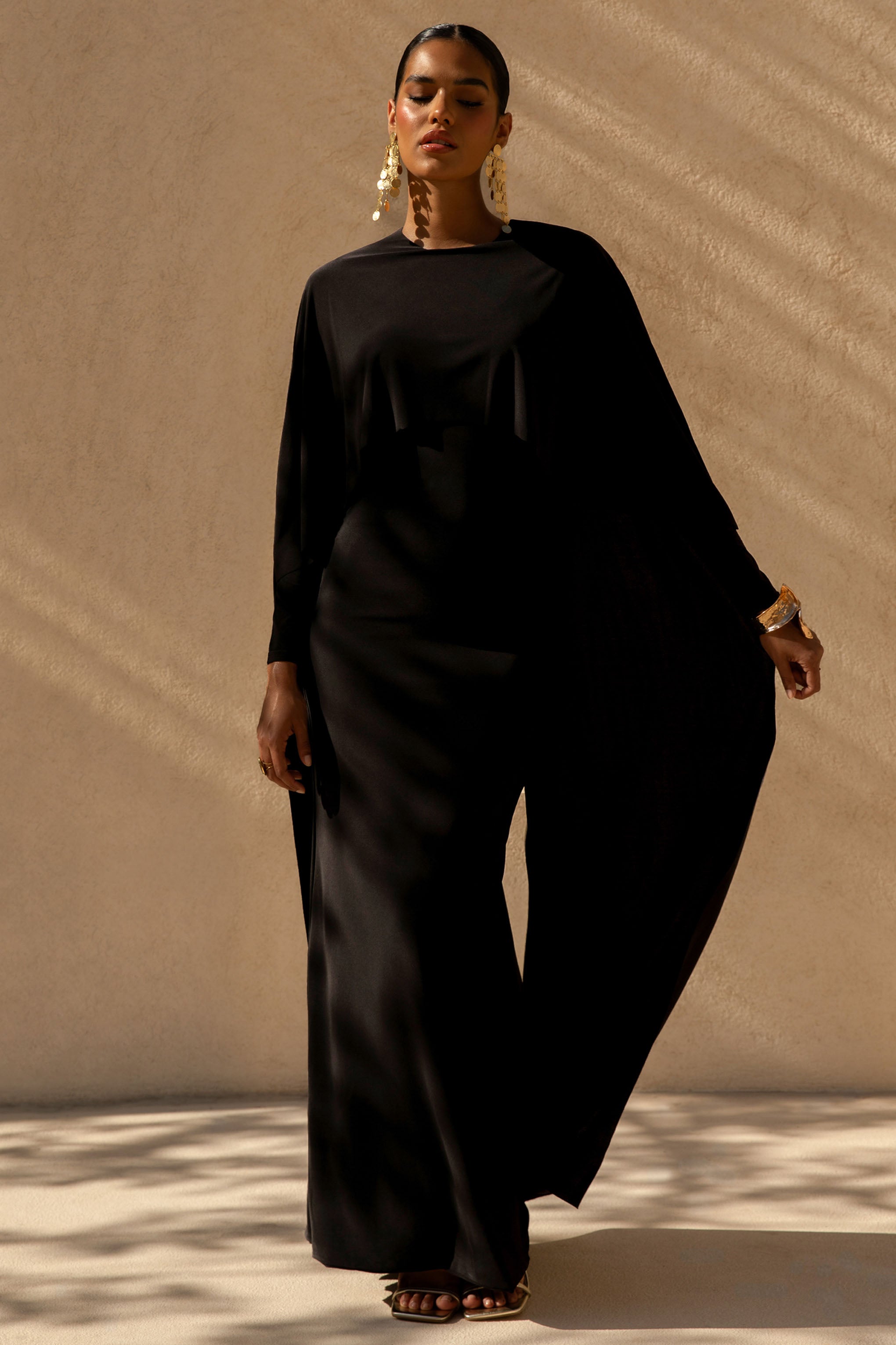 Belinda | Black Draped Maxi Dress With Cape Sleeves