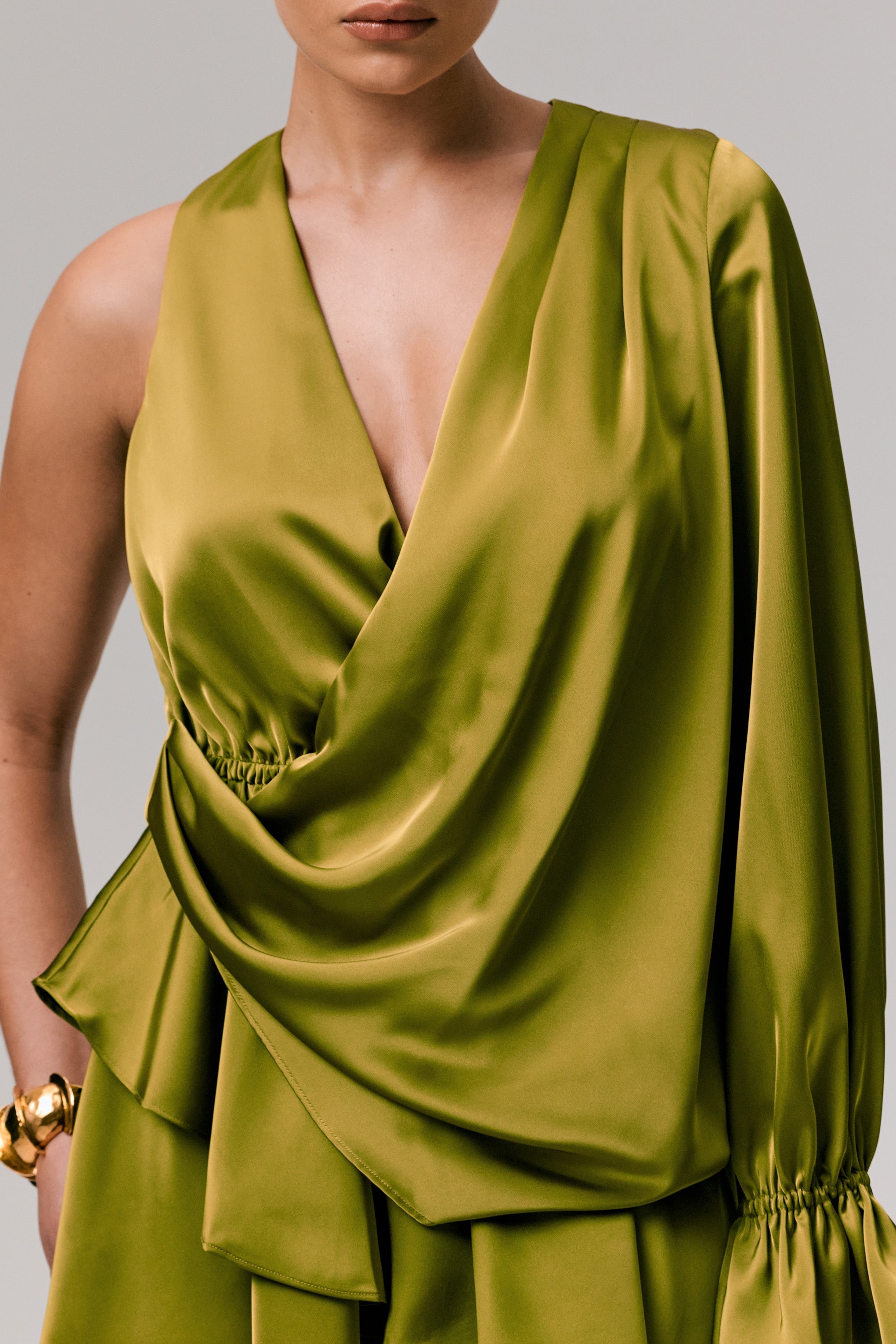 Cara | Olive Satin Plunge-Neck Micro-Mini Dress With Long Sleeve