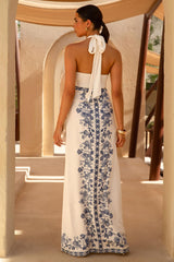 Arula | White & Blue Print Halter-Neck Maxi Dress