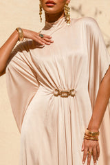Olessia | Champagne Belted Gathered Cape-Sleeve Maxi Dress