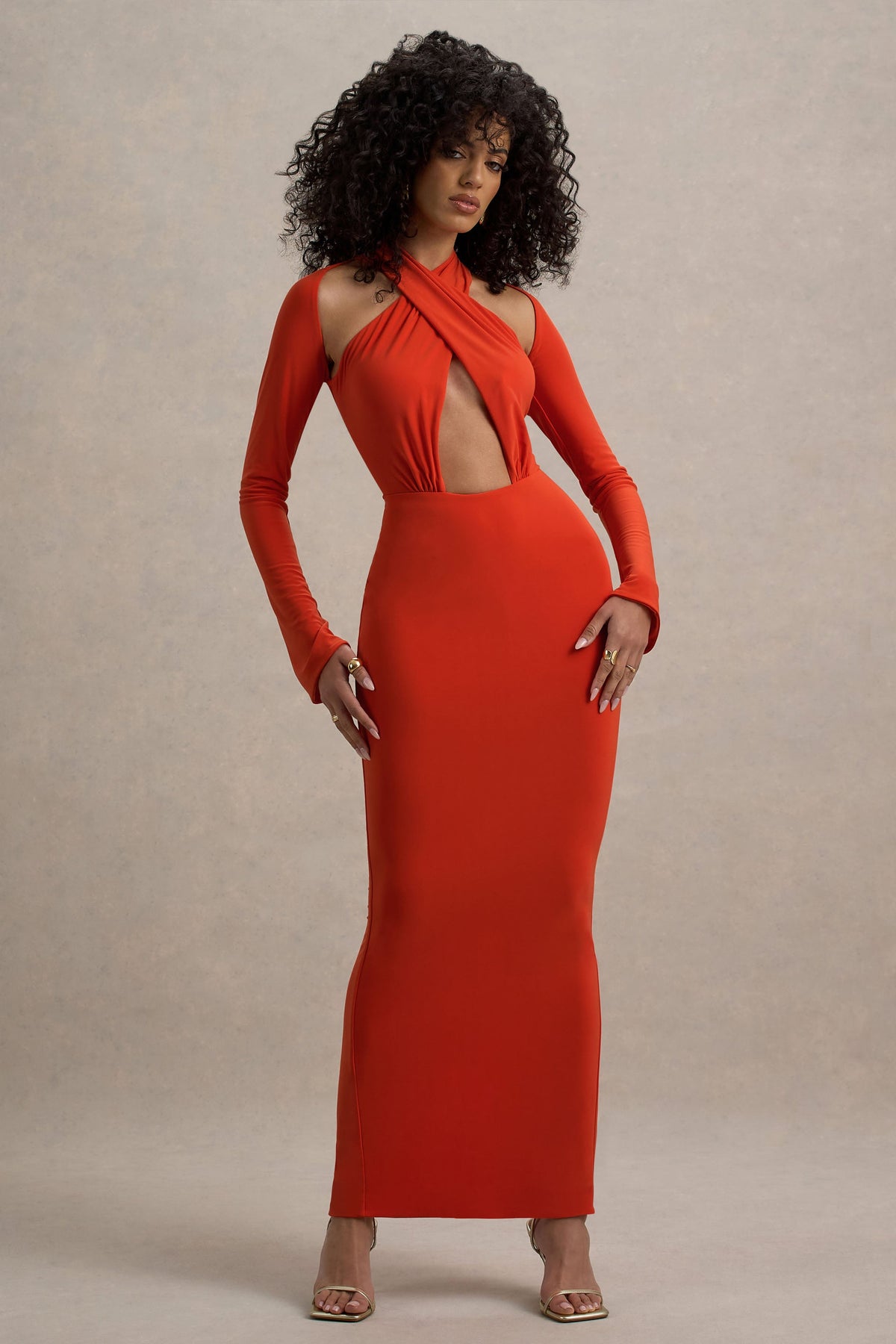 Gita | Orange Halter-Neck Long-Sleeve Maxi Dress