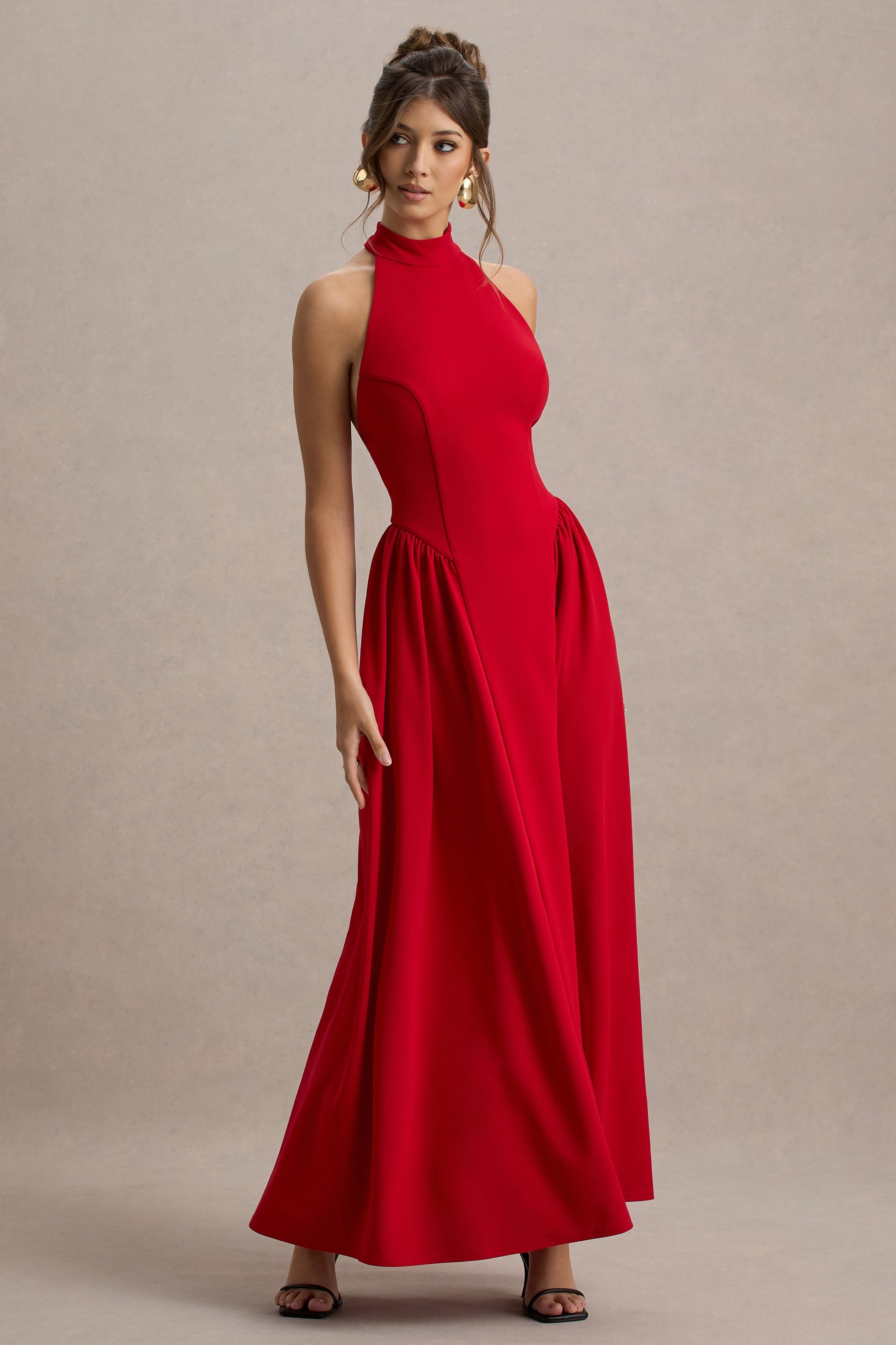 Cynthia | Red High-Neck Maxi Dress With Volume Skirt