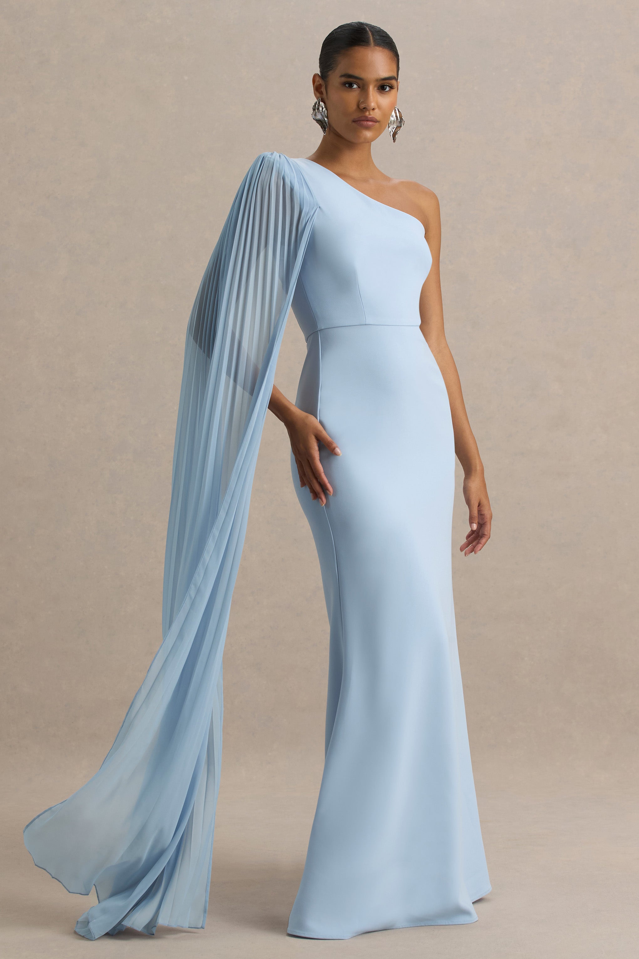 Athens | Powder Blue Asymmetric-Neck Maxi Dress With Cape Sleeve Detail