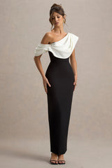 Angelina | Black & White Draped Shoulder Maxi Dress