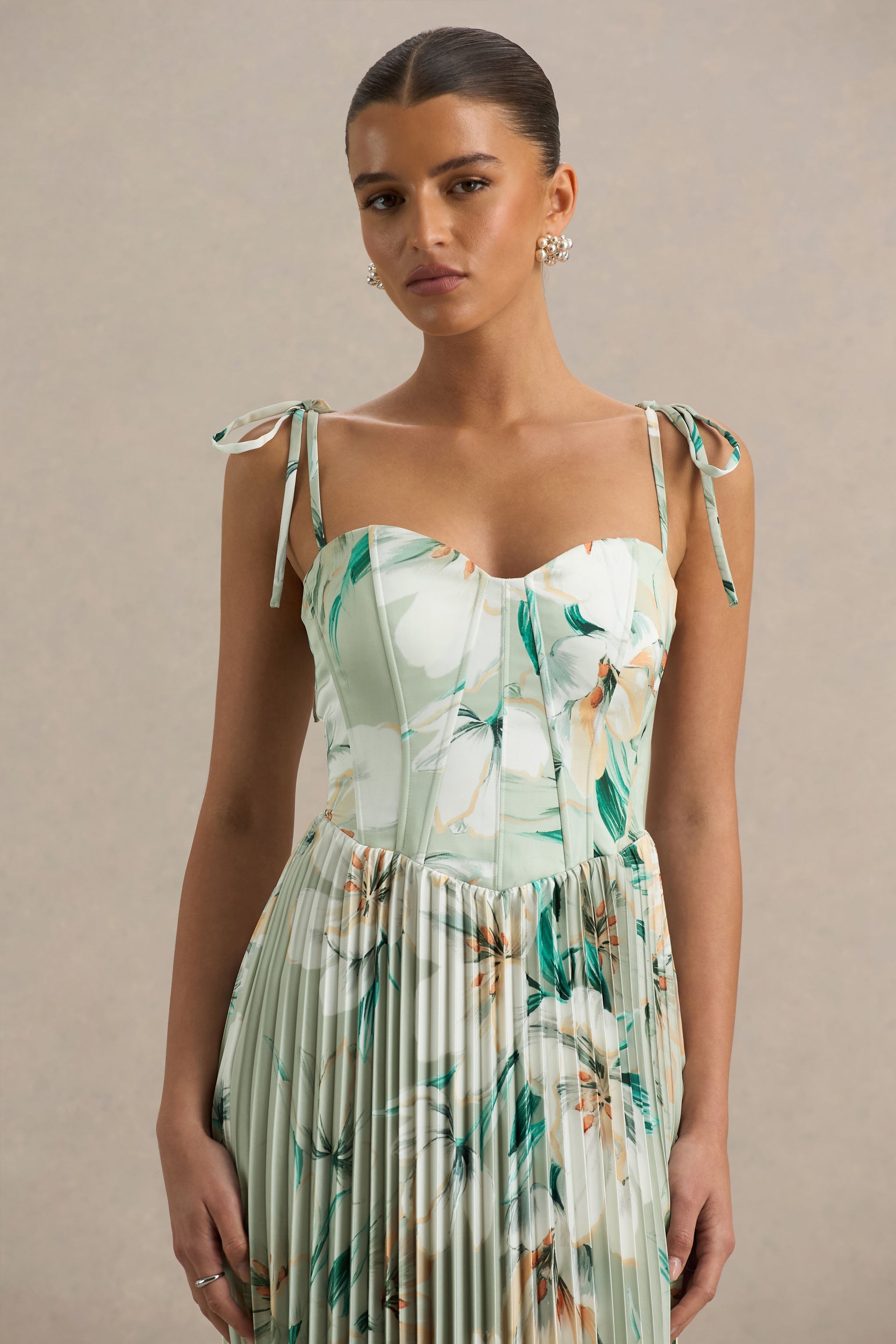 Peyton | Green Floral Print Satin Sweetheart-Neck Midi Dress With Pleated Details